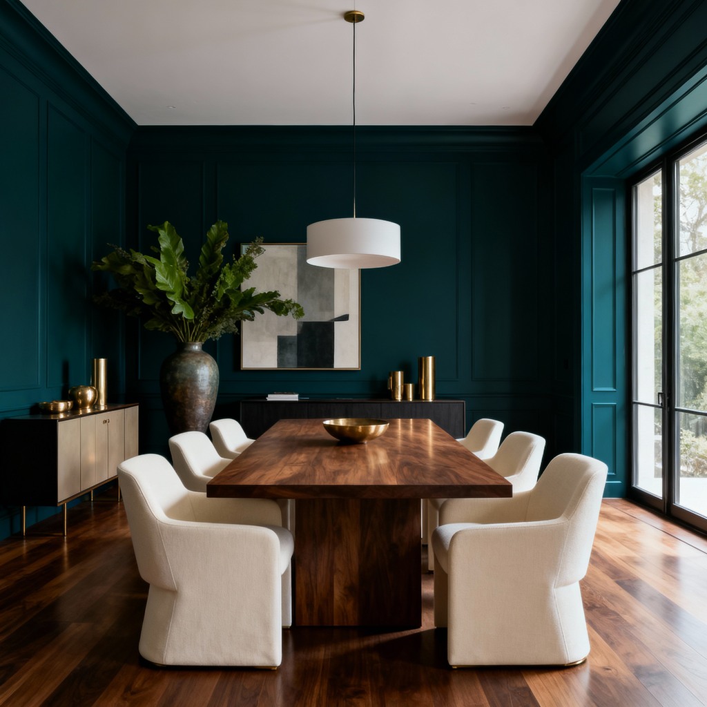 Modern dining room with a wooden table and white chairs against a dark teal wall.