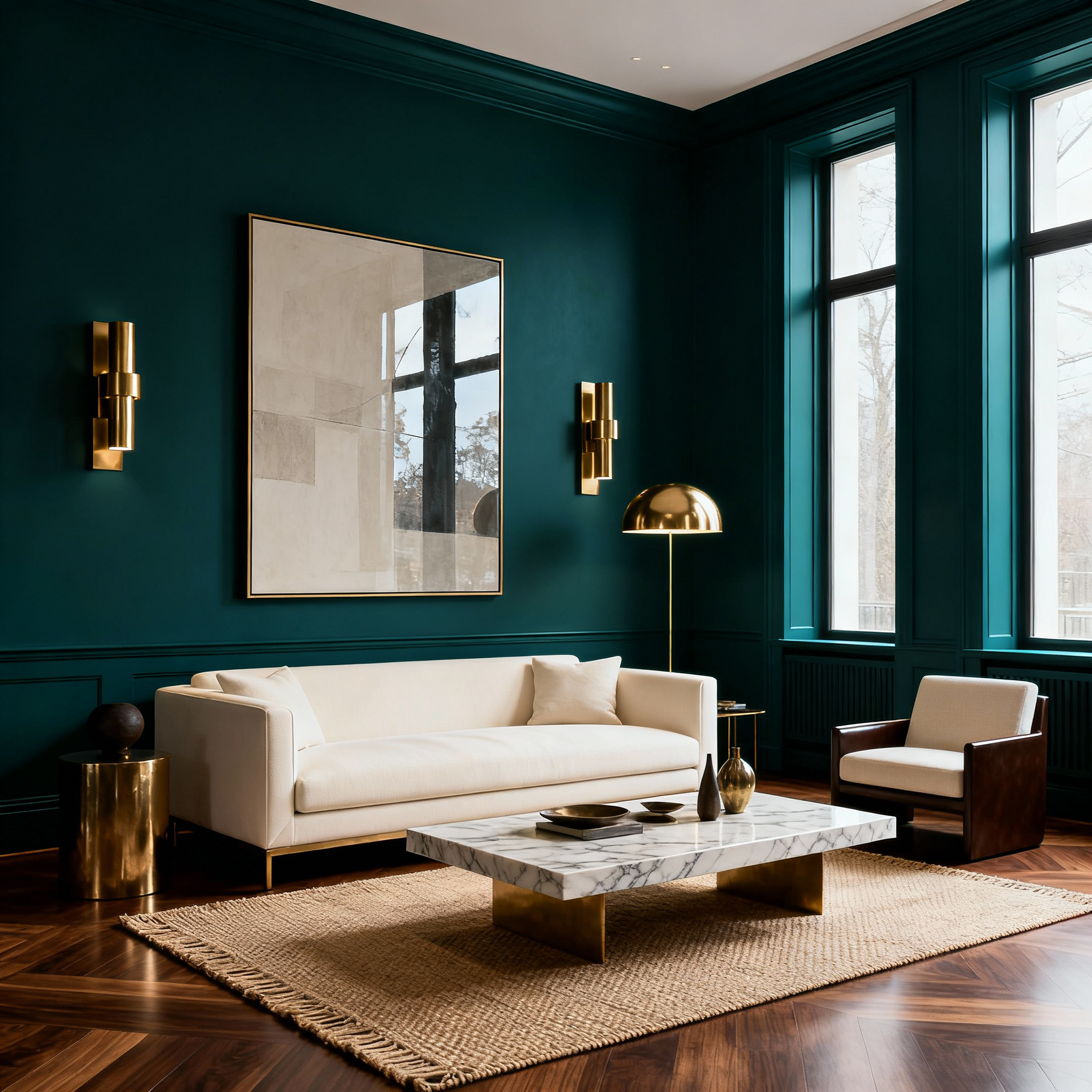 Modern living room with teal walls, white sofa, marble coffee table, and gold accents.