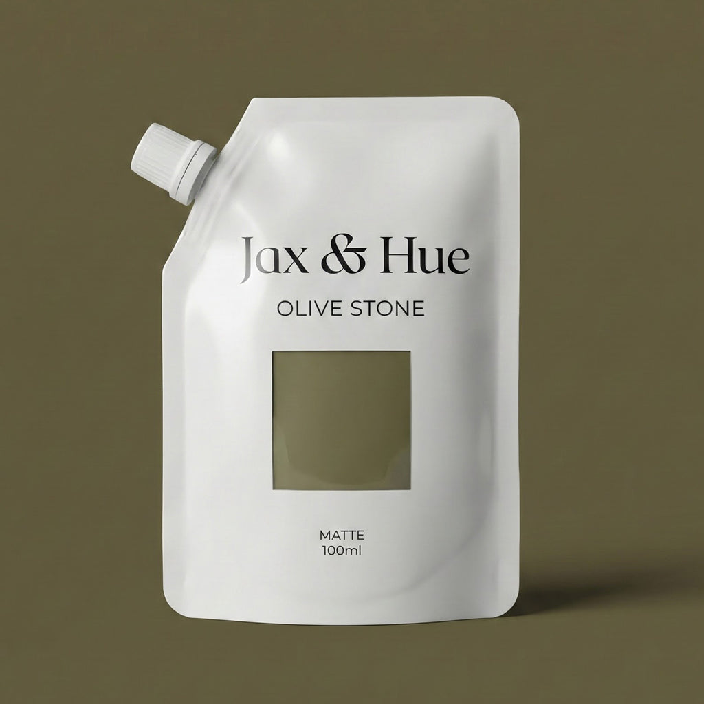 Jax & Hue olive stone hair color packaging on a brown background