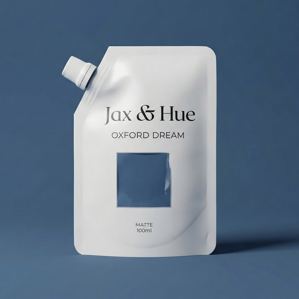 White pouch with 'Jax & Hue' branding on a blue background
