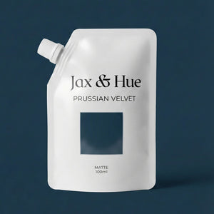 Jax & Hue Prussian Velvet hair dye packaging on a dark blue background