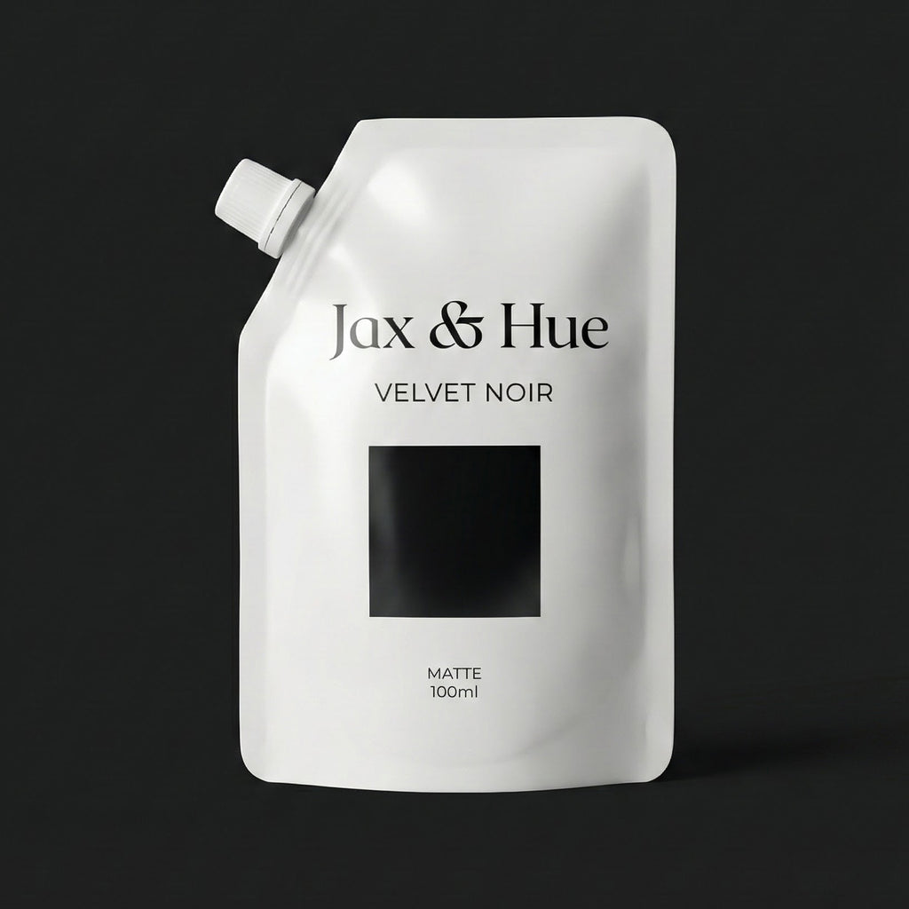 Jax & Hue Velvet Noir hair product packaging on a black background