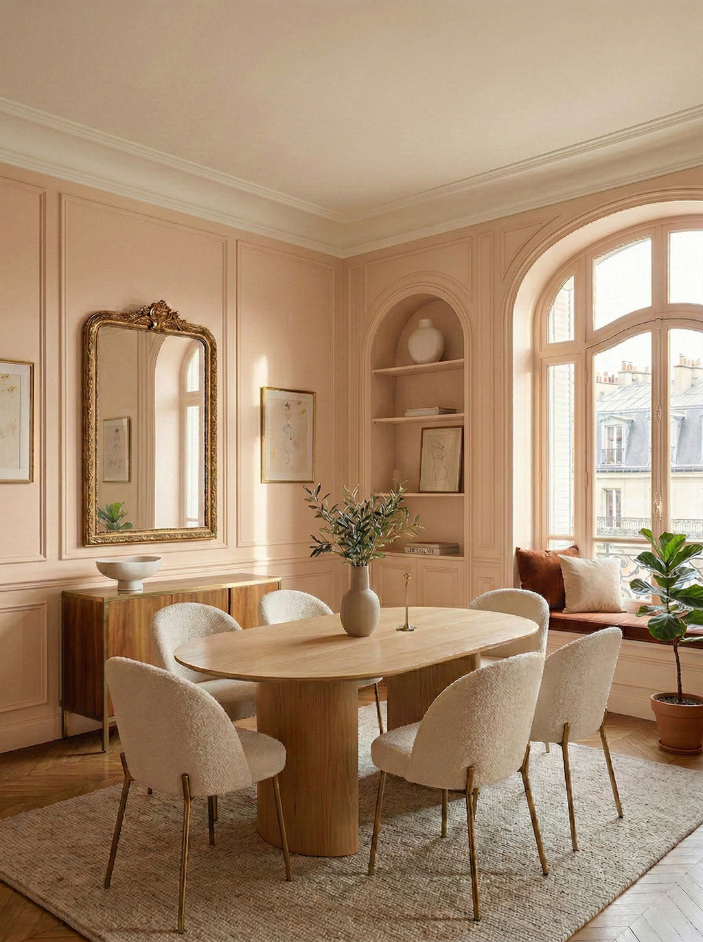 soft pale pink painted dining room room, painted in poudre rose