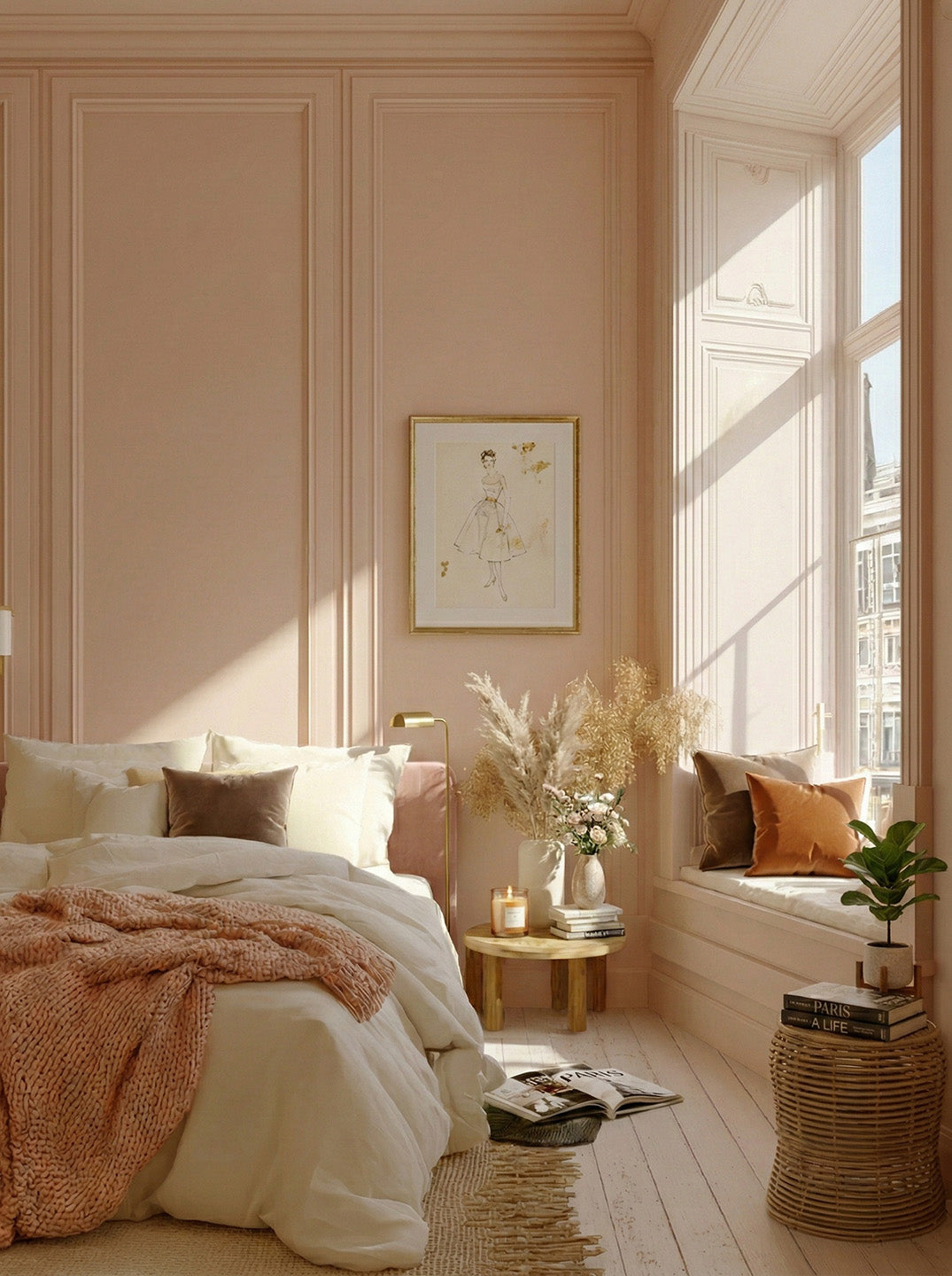 Cozy bedroom with pink walls, a bed with pillows and blankets, and a window seat with books and plants.