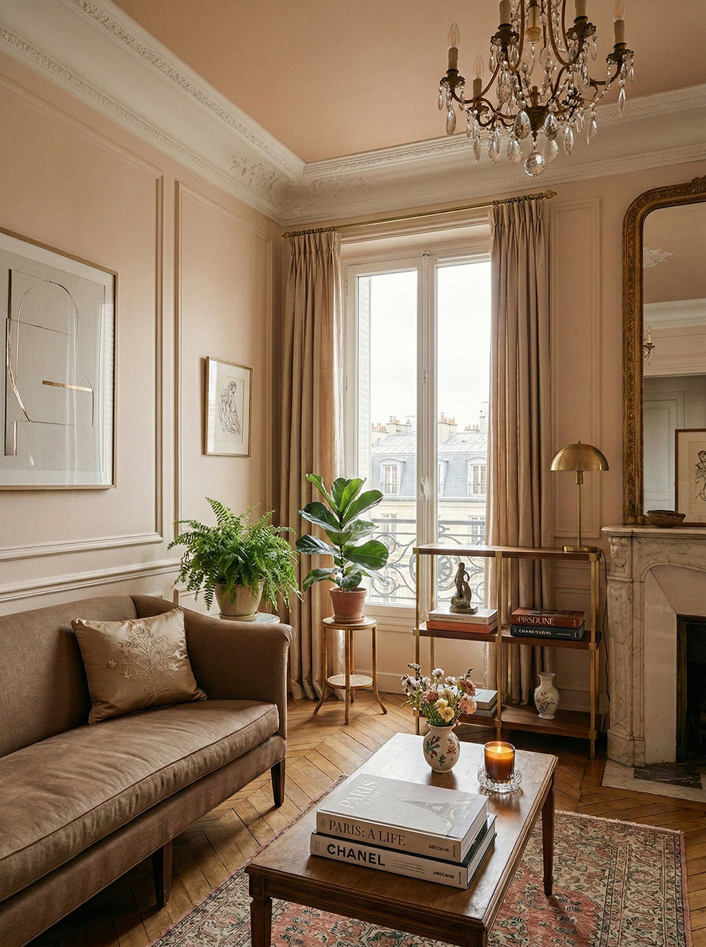soft pale pink painted living room, painted in poudre rose