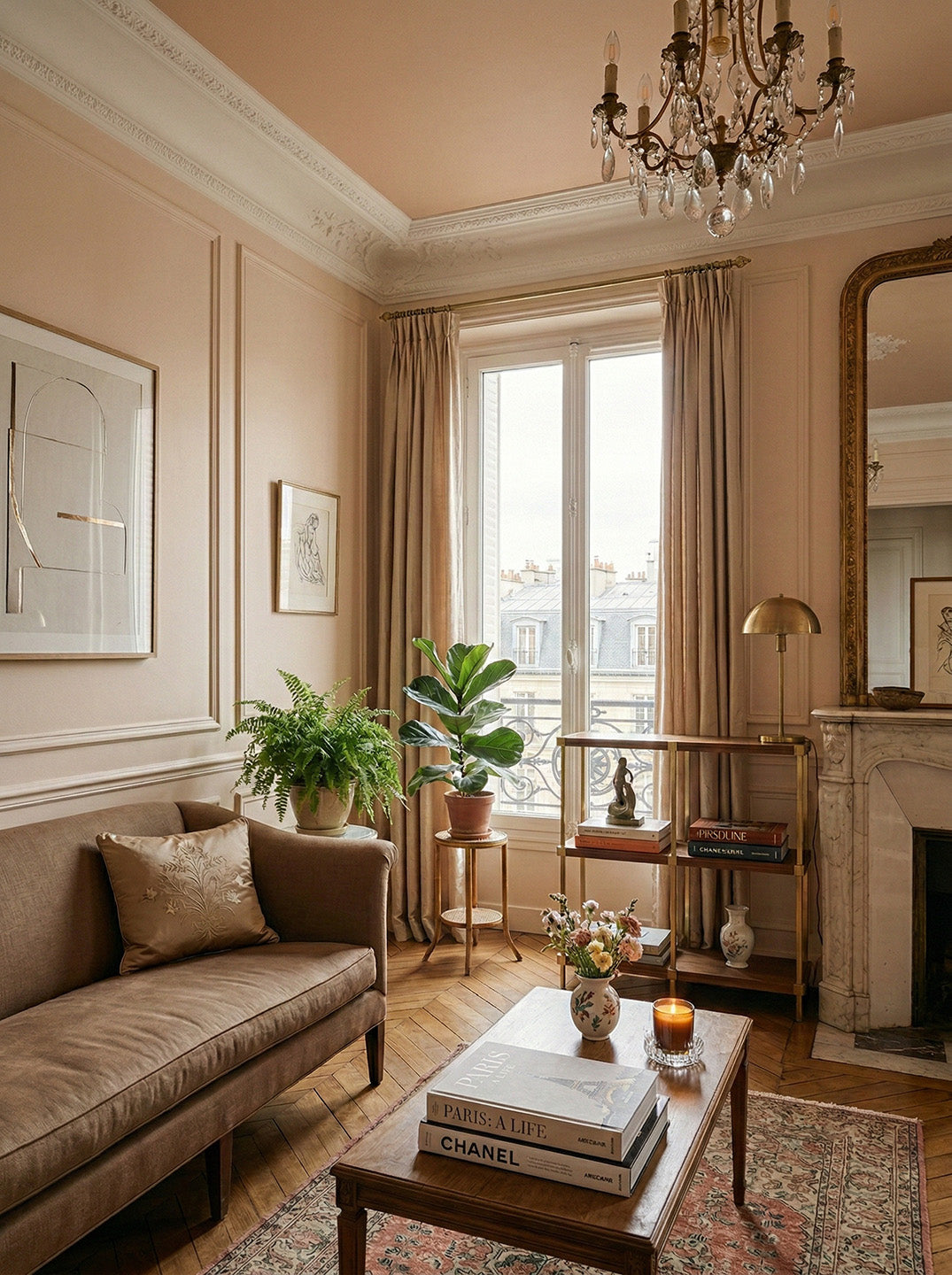 soft pale pink painted living room, painted in poudre rose