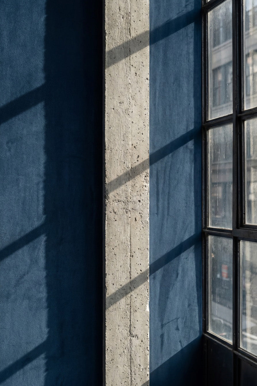 Deep blue painted accent wall in prussian velvet