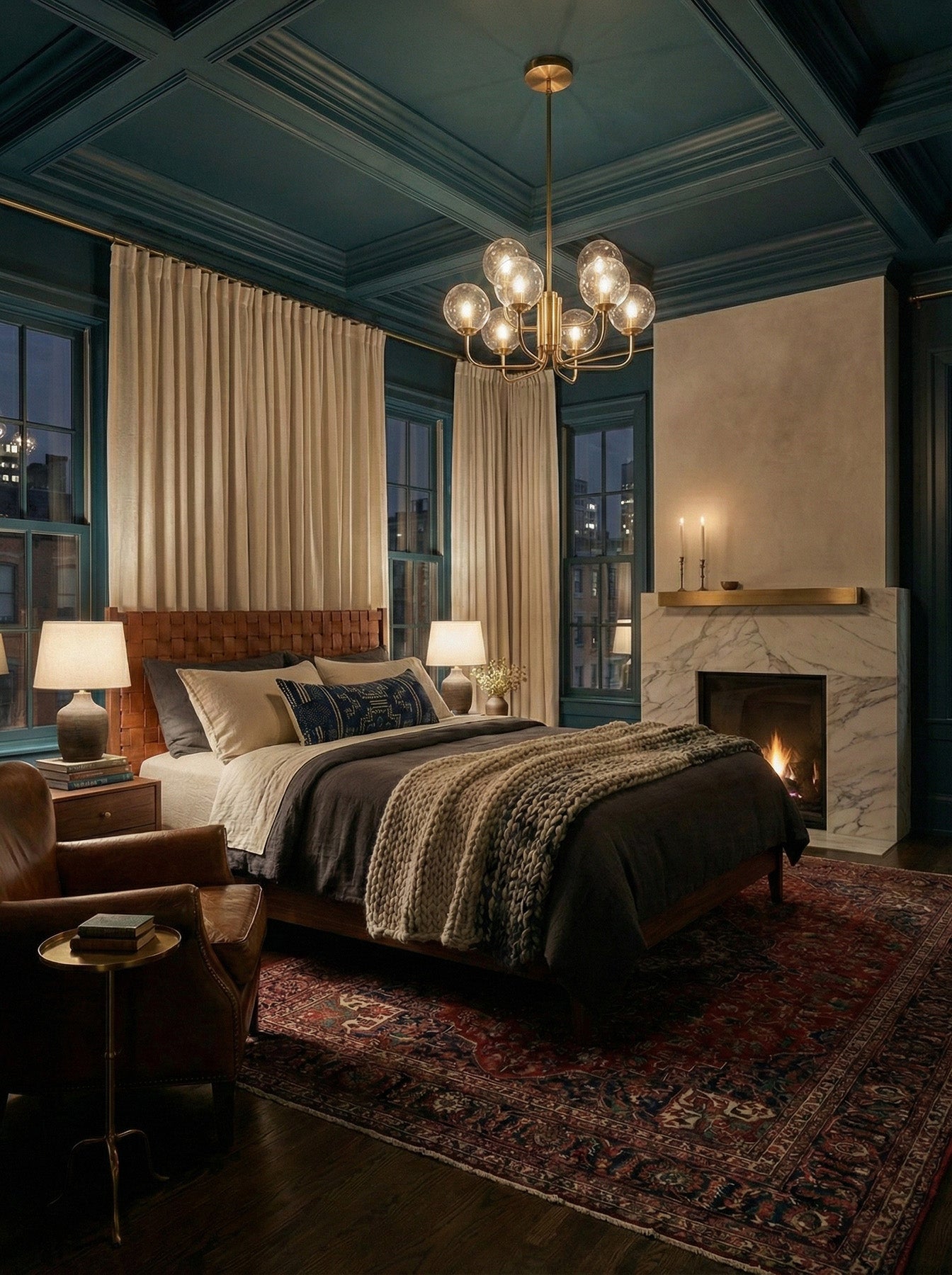 Cozy bedroom with wooden bed, chandelier, and fireplace.