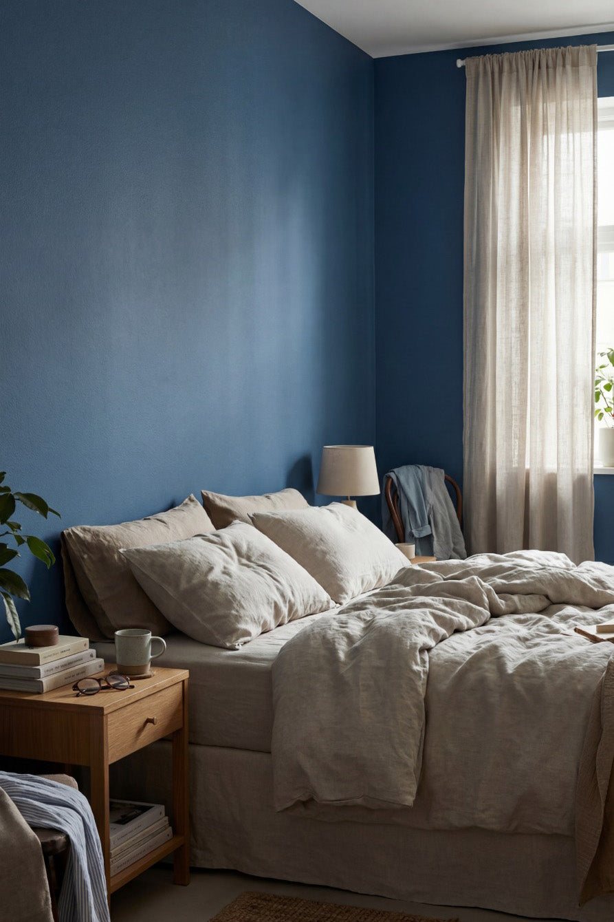 Deep blue painted bedroom in prussian velvet