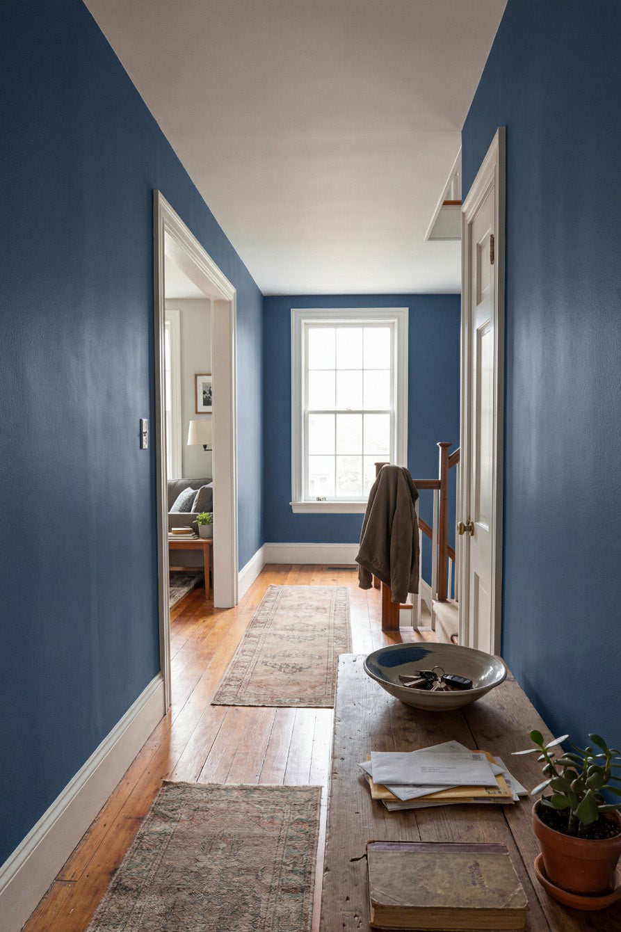 Deep blue painted entryway in prussian velvet