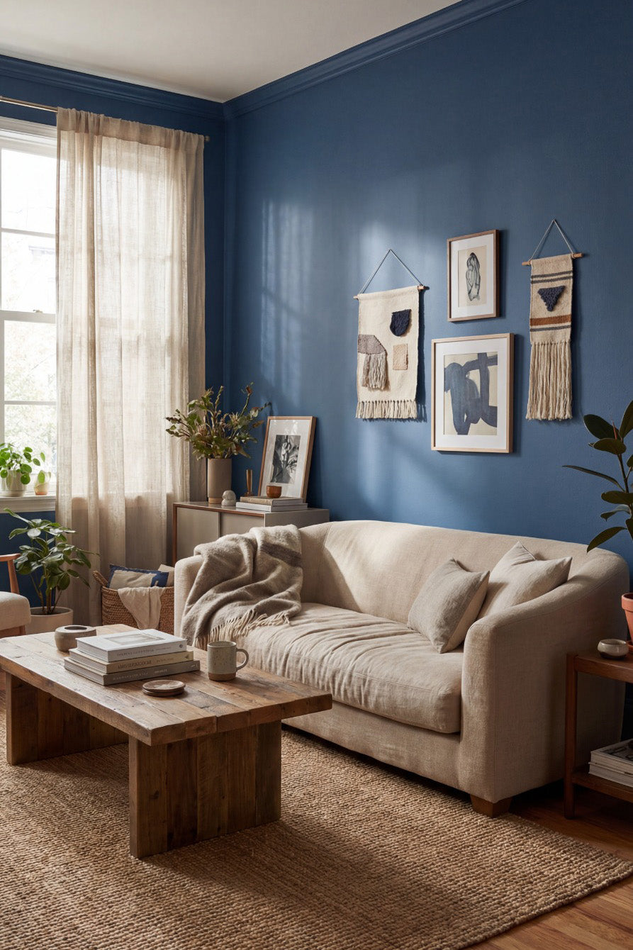Deep blue painted living room in prussian velvet
