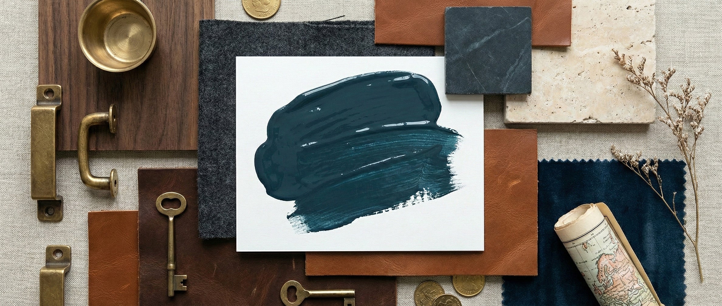 Collection of decorative elements including a blue paint swatch, keys, and fabric swatches on a textured surface.