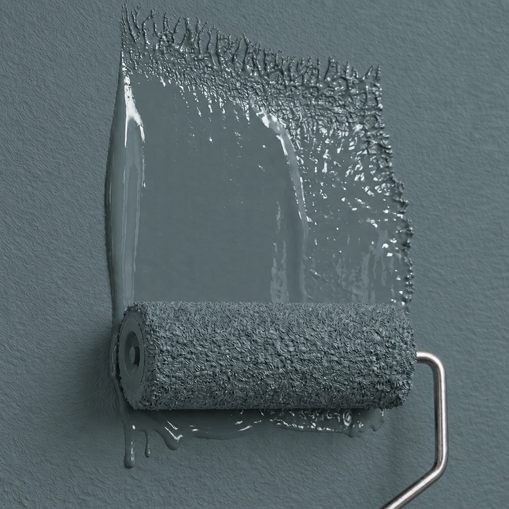 Salt Fjord blue-green grey paint on a roller and freshly painted surface, showing wet paint texture and sheen.