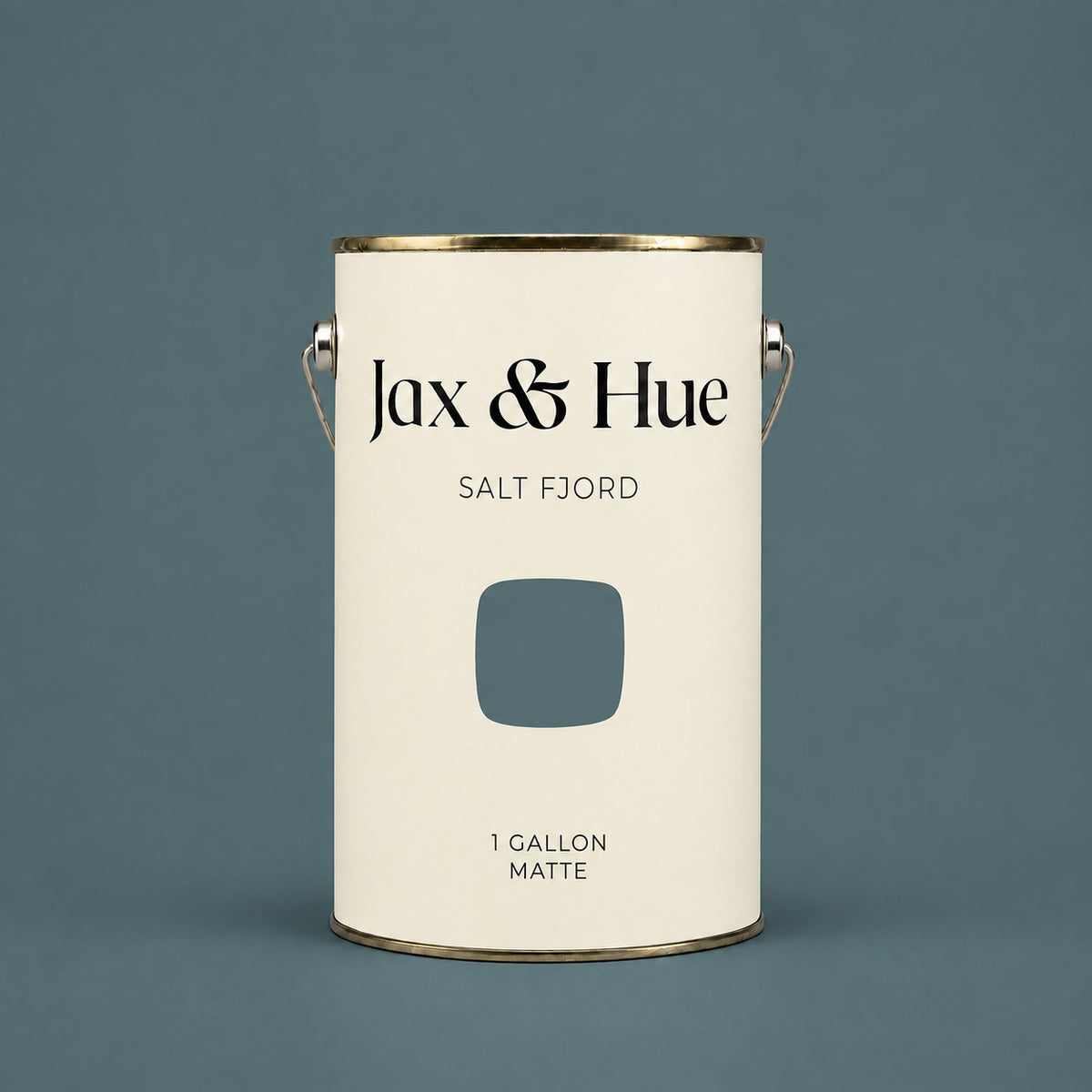 Jax & Hue Salt Fjord one-gallon matte interior paint can against a matching blue-green grey background.
