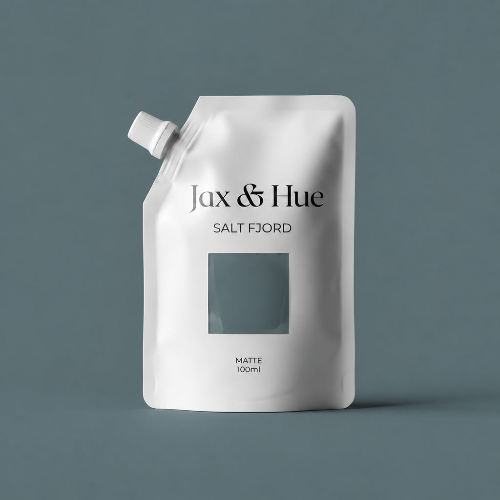 Jax & Hue Salt Fjord 100ml matte paint tester pouch with a blue-green grey color window.
