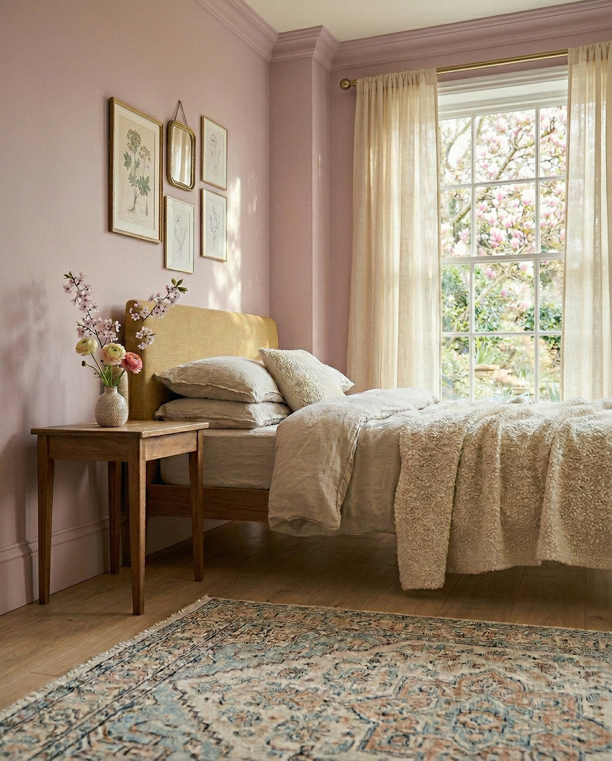 cozy bedroom painted in pale amaranth, a soft dusty lilac purple paint