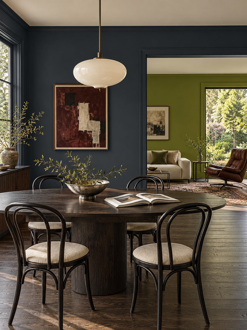 Stillwater Ink and Verdant Ledger have the chemistry of an unlikely match. Smoky blue gives the olive green a sharper, more modern presence, while its golden undertones bring warmth to the ink’s cool depth. A palette with a little vintage intrigue and plenty of confidence, for rooms that feel connected without becoming predictable.