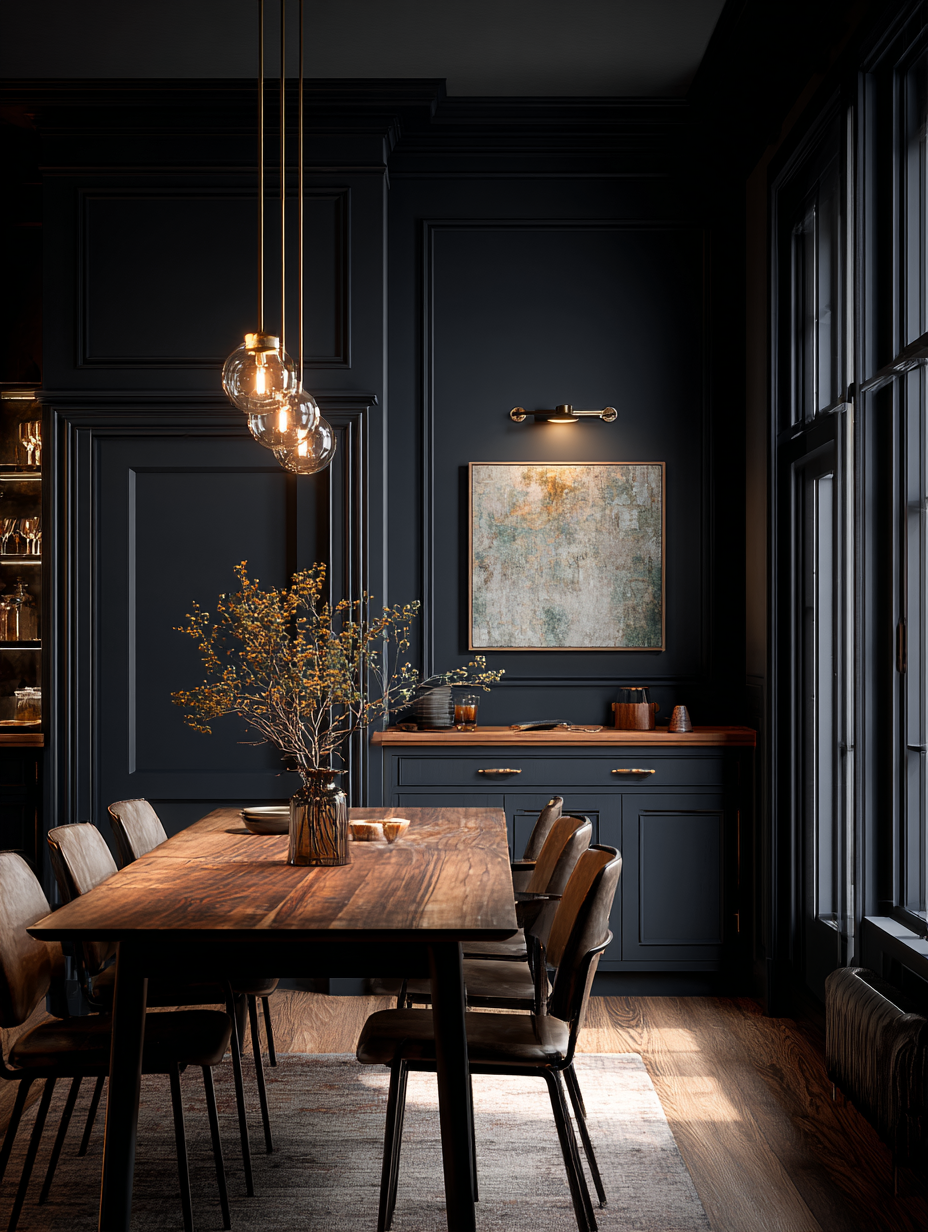 Dining room with wooden table and chairs, dark walls, and pendant lights.