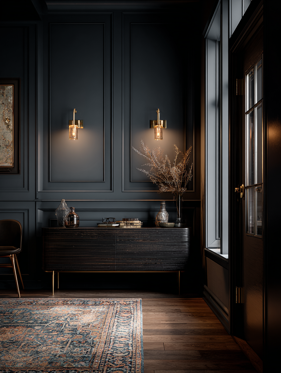 Darkly decorated room with wall sconces, a large window, and a vintage-style rug.