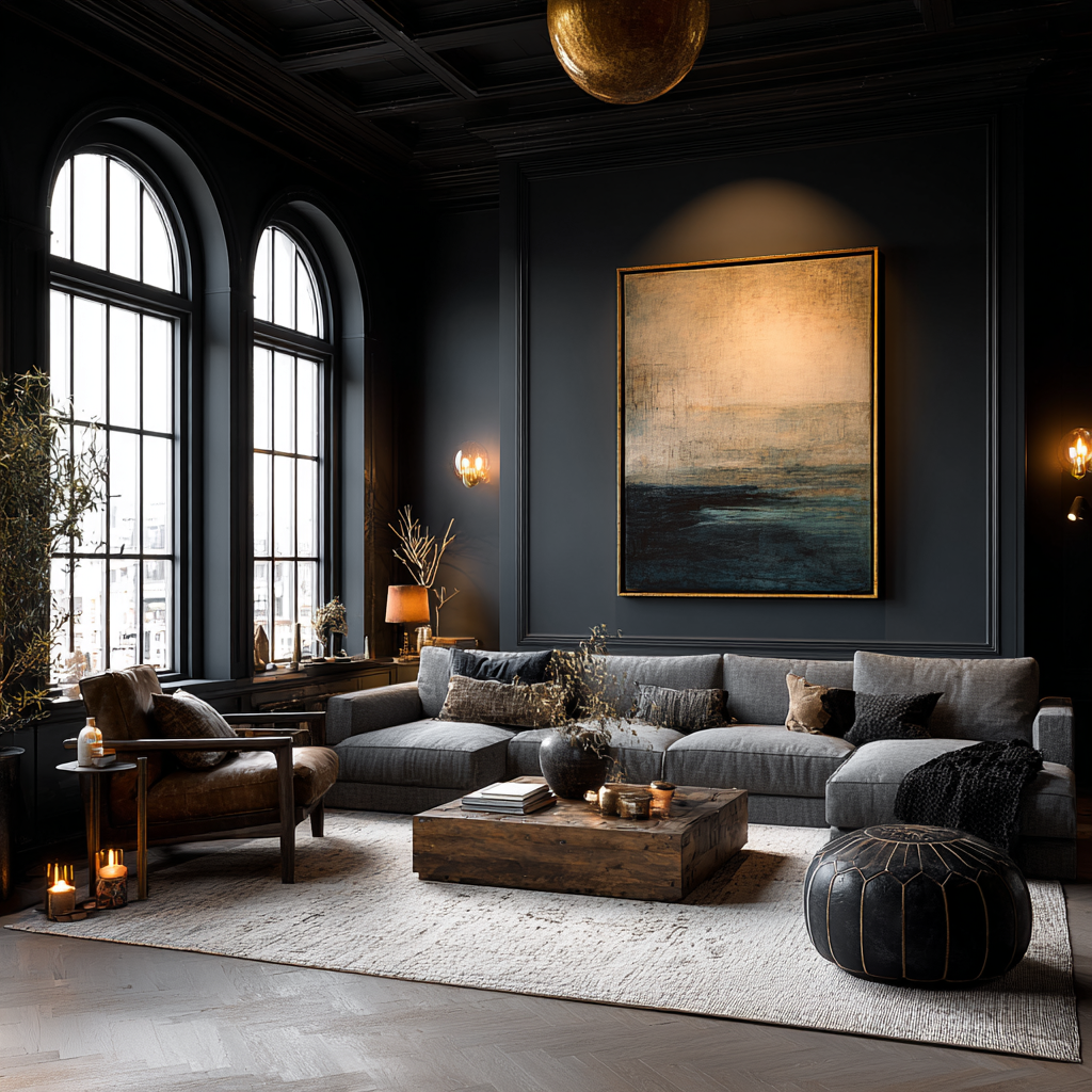 Modern living room with dark walls, large windows, and a gray sectional sofa.