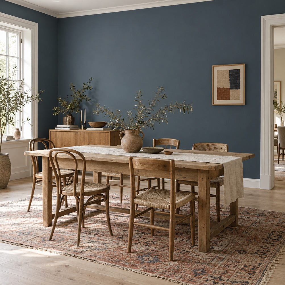 Dining room with Tempest Slate blue-gray painted walls, a light wood table, and natural textures