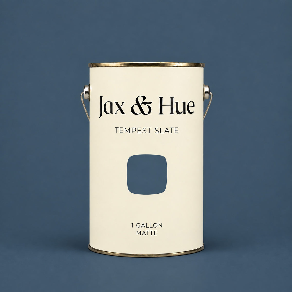 Jax & Hue Tempest Slate gallon of deep slate blue-gray interior paint against a matching backdrop