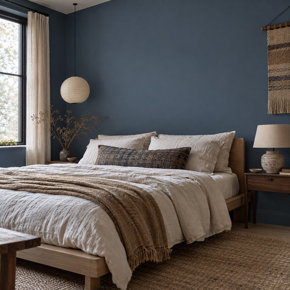 Tempest Slate deep blue-gray bedroom wall behind a linen bed and warm wood furnishings