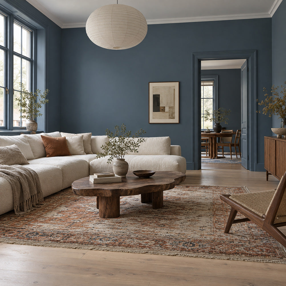 Living room painted Tempest Slate, a muted slate blue-gray, with pale seating and warm wood accents