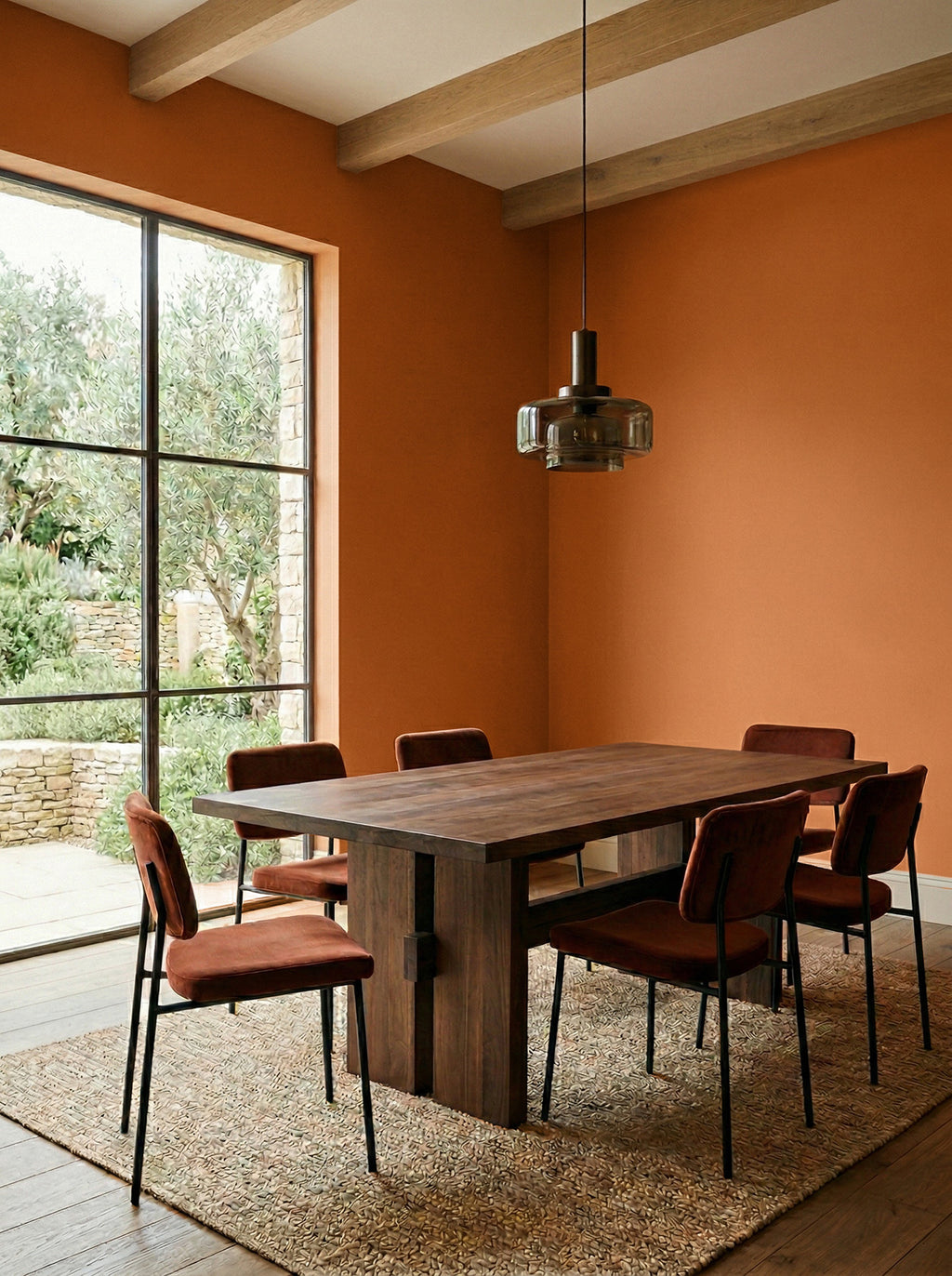 modern Dining room painted with terracotta orange paint,  wooden table and ch