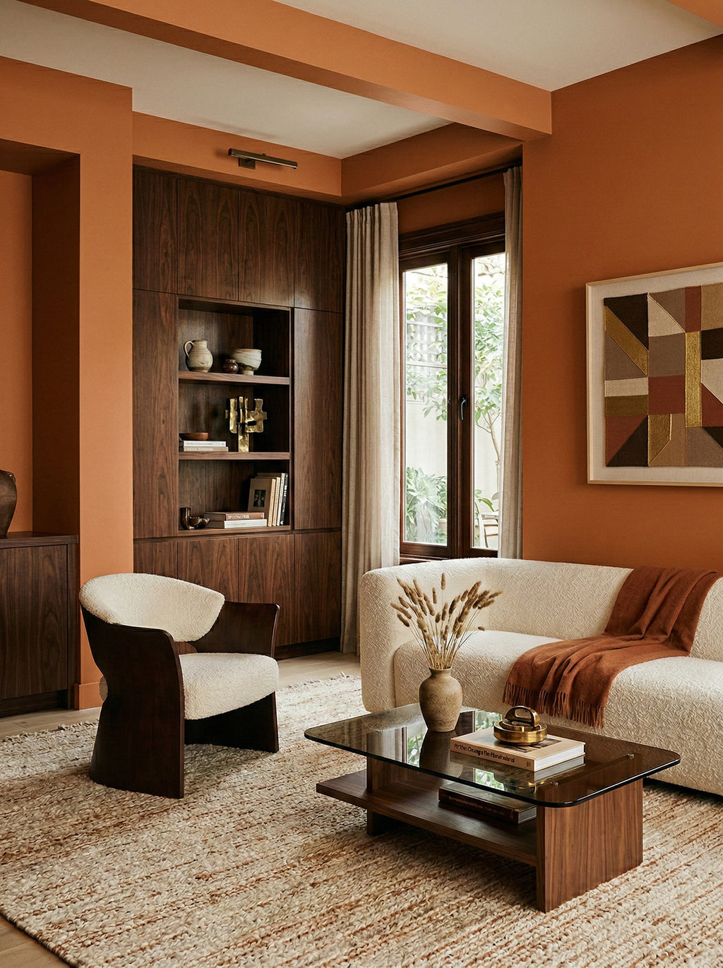 Modern living room with terracotta orange walls, a white sofa, and wooden furniture.