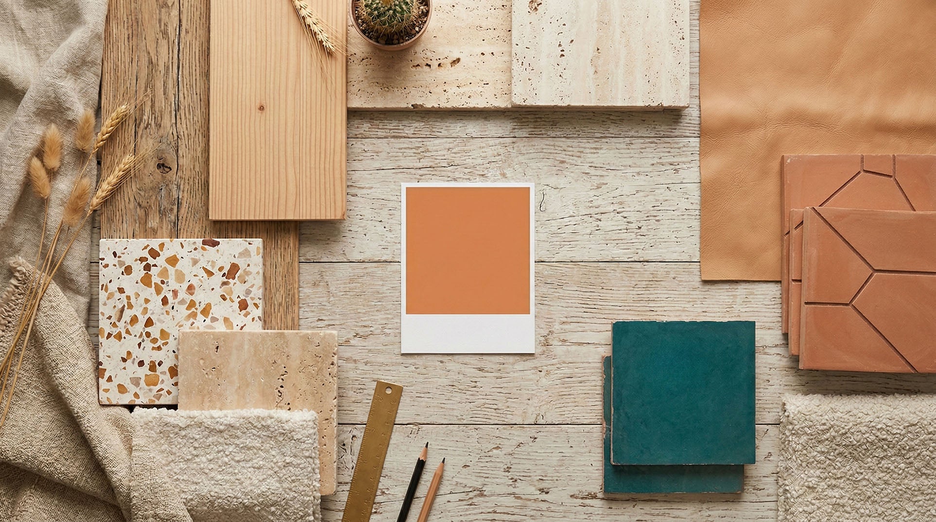 terracotta paint with samples of materials to style with