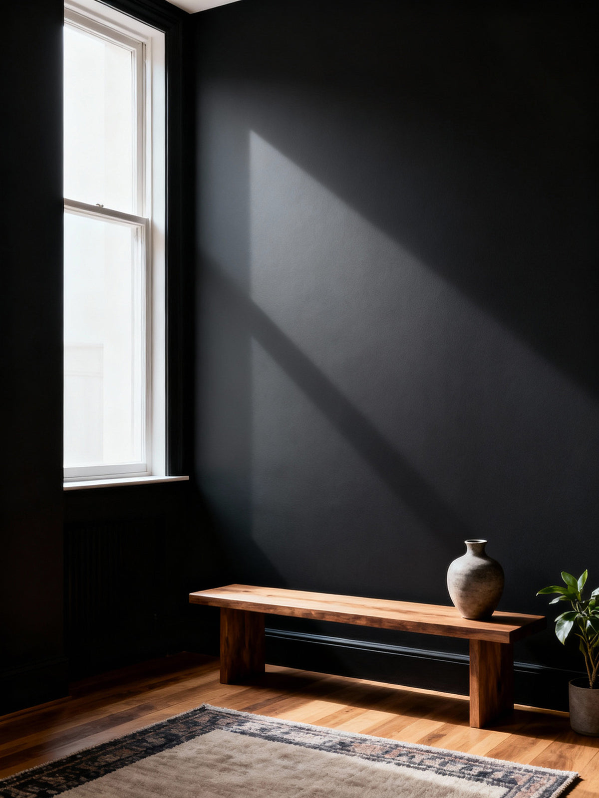 Wooden bench against a dark wall with a window allowing light to cast shadows.