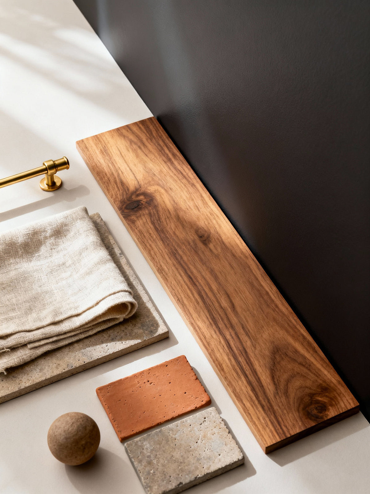 Wooden board, folded fabric, and decorative items on a neutral background