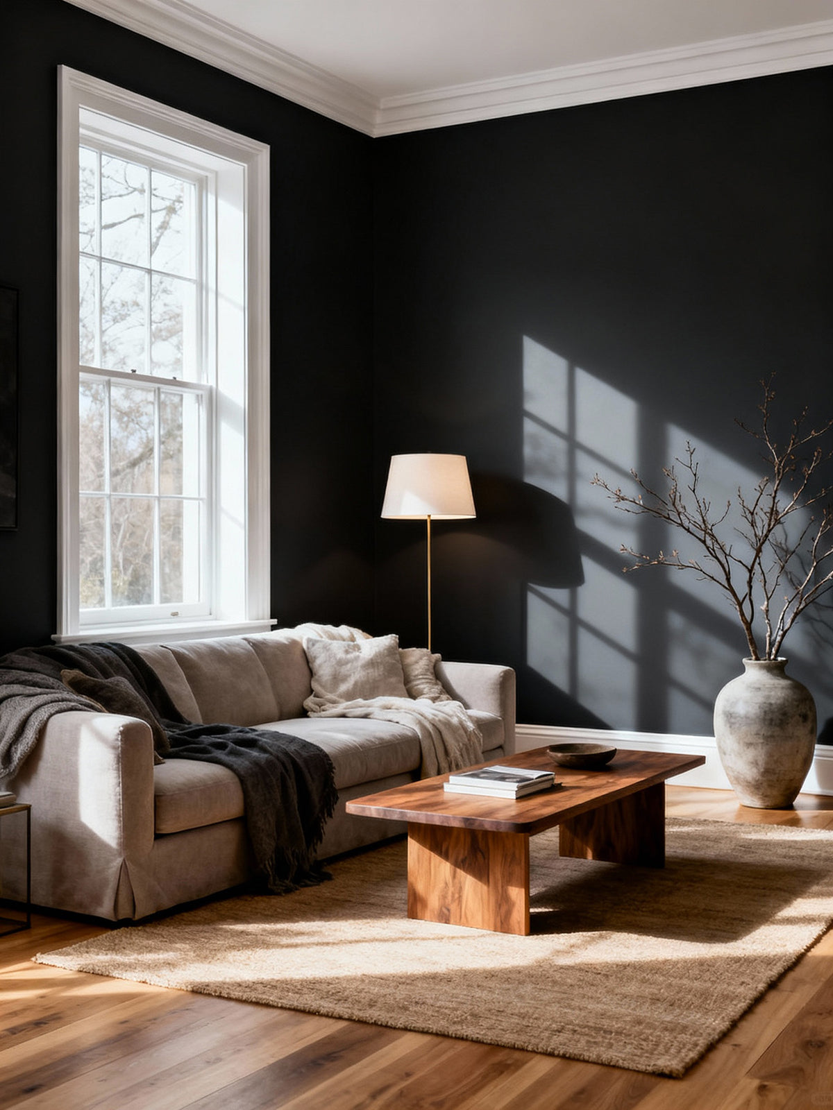 Modern living room with dark walls, a beige sectional sofa, wooden coffee table, and decorative elements.