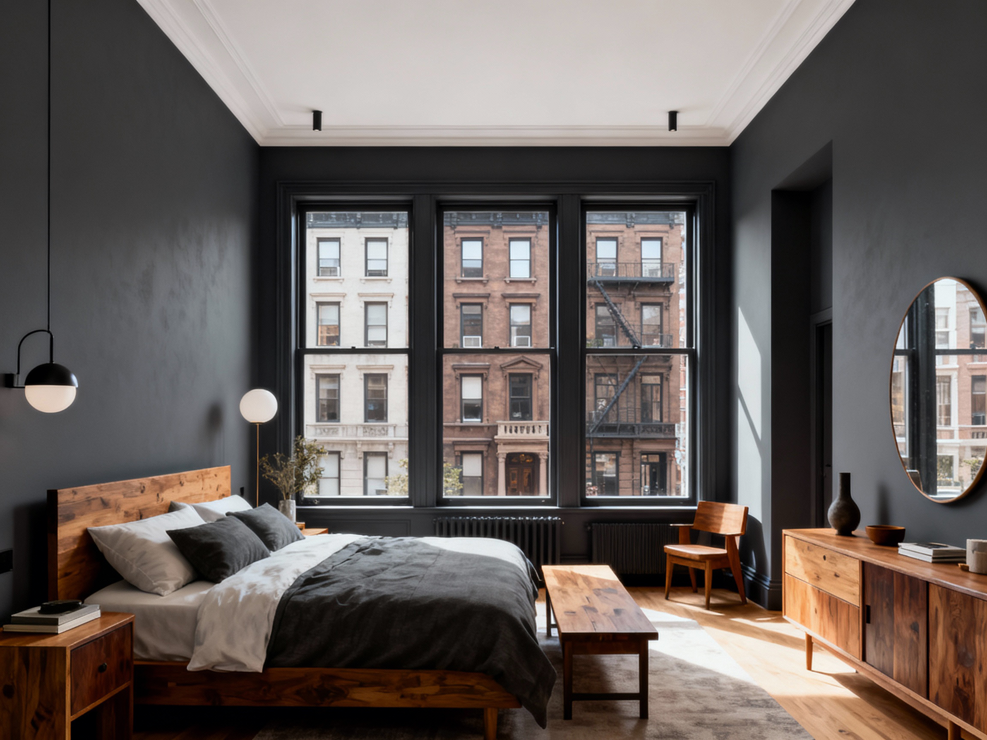 Modern bedroom with dark walls, wooden furniture, and large windows.