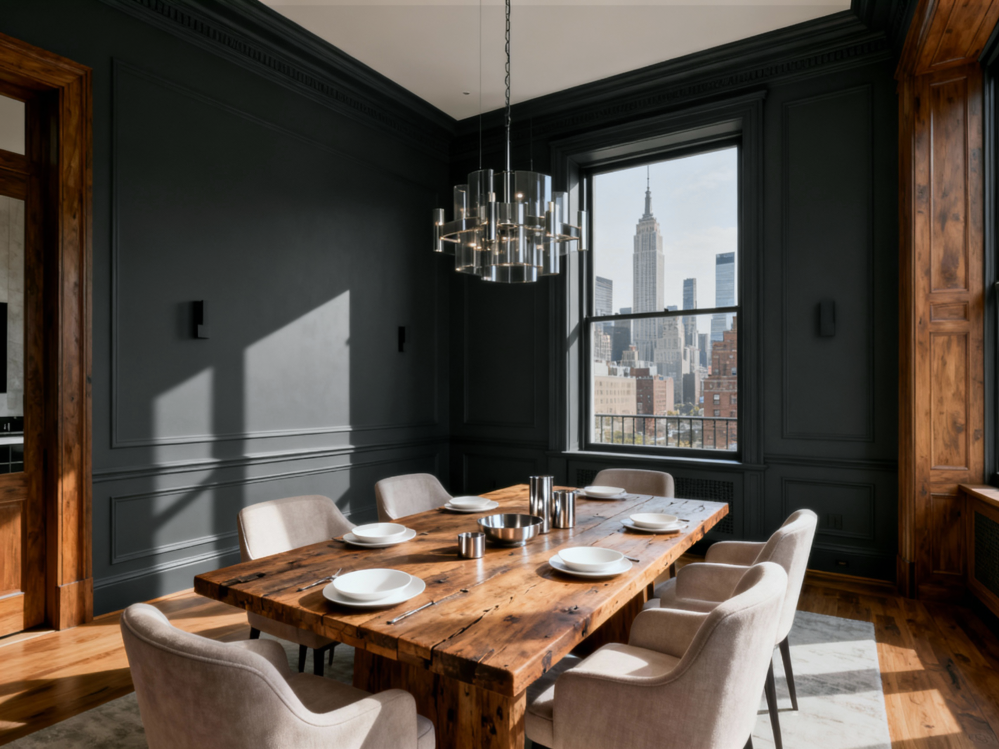 Dining room with wooden table and chairs, large window showing city skyline.