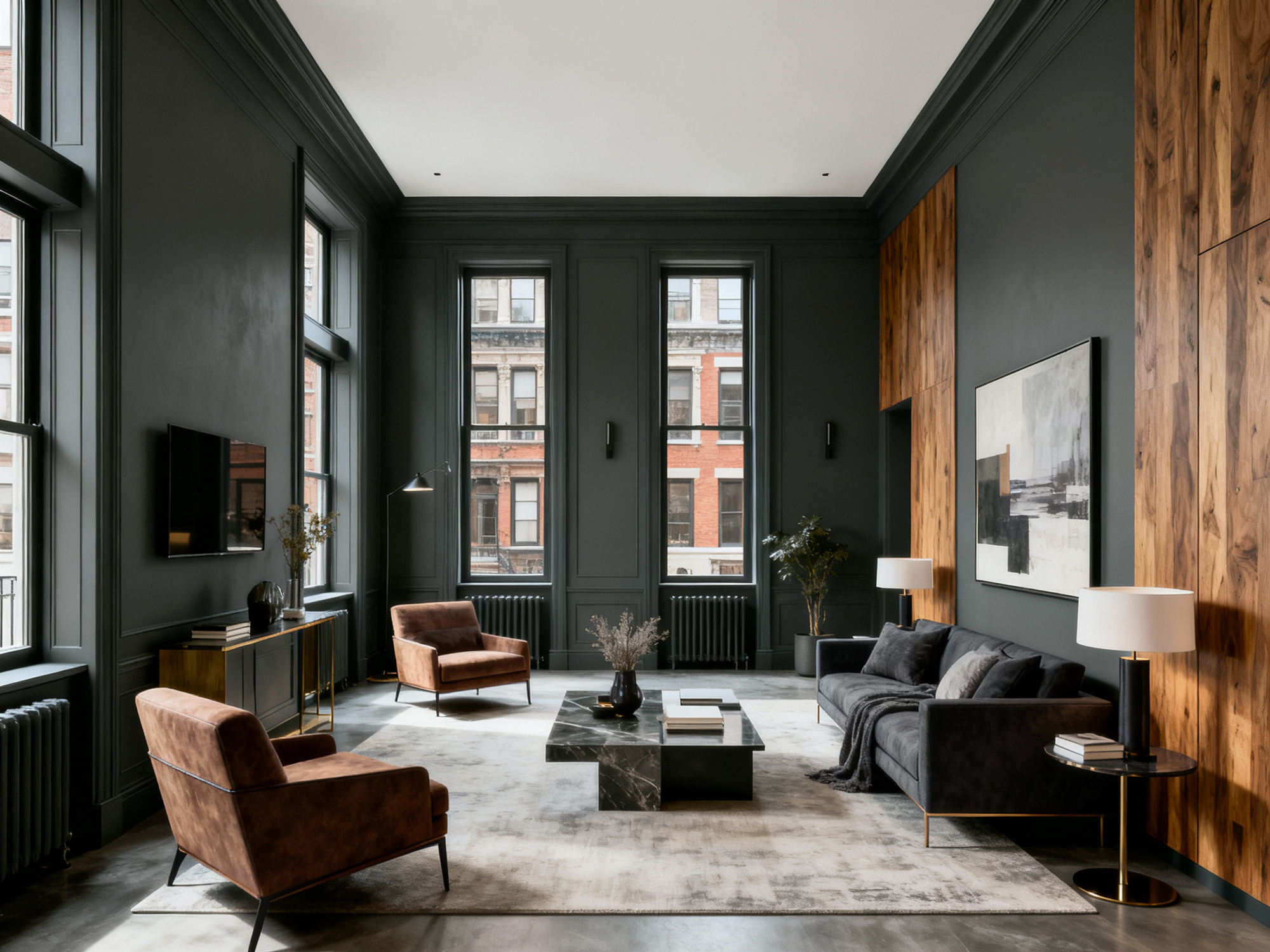 Modern living room with dark walls, wooden accents, and stylish furniture.