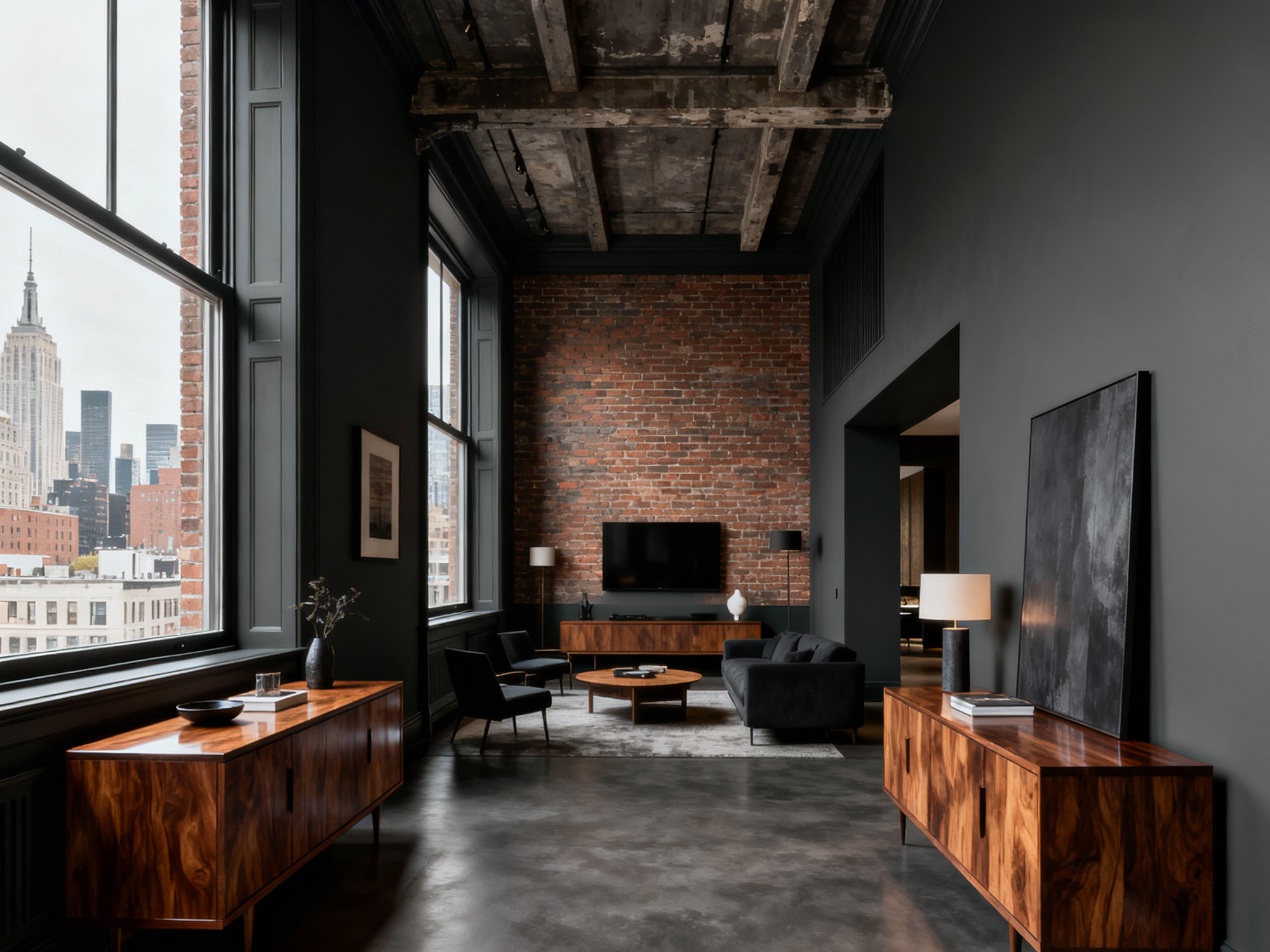 Modern living room with exposed brick wall, large windows, and wooden furniture.