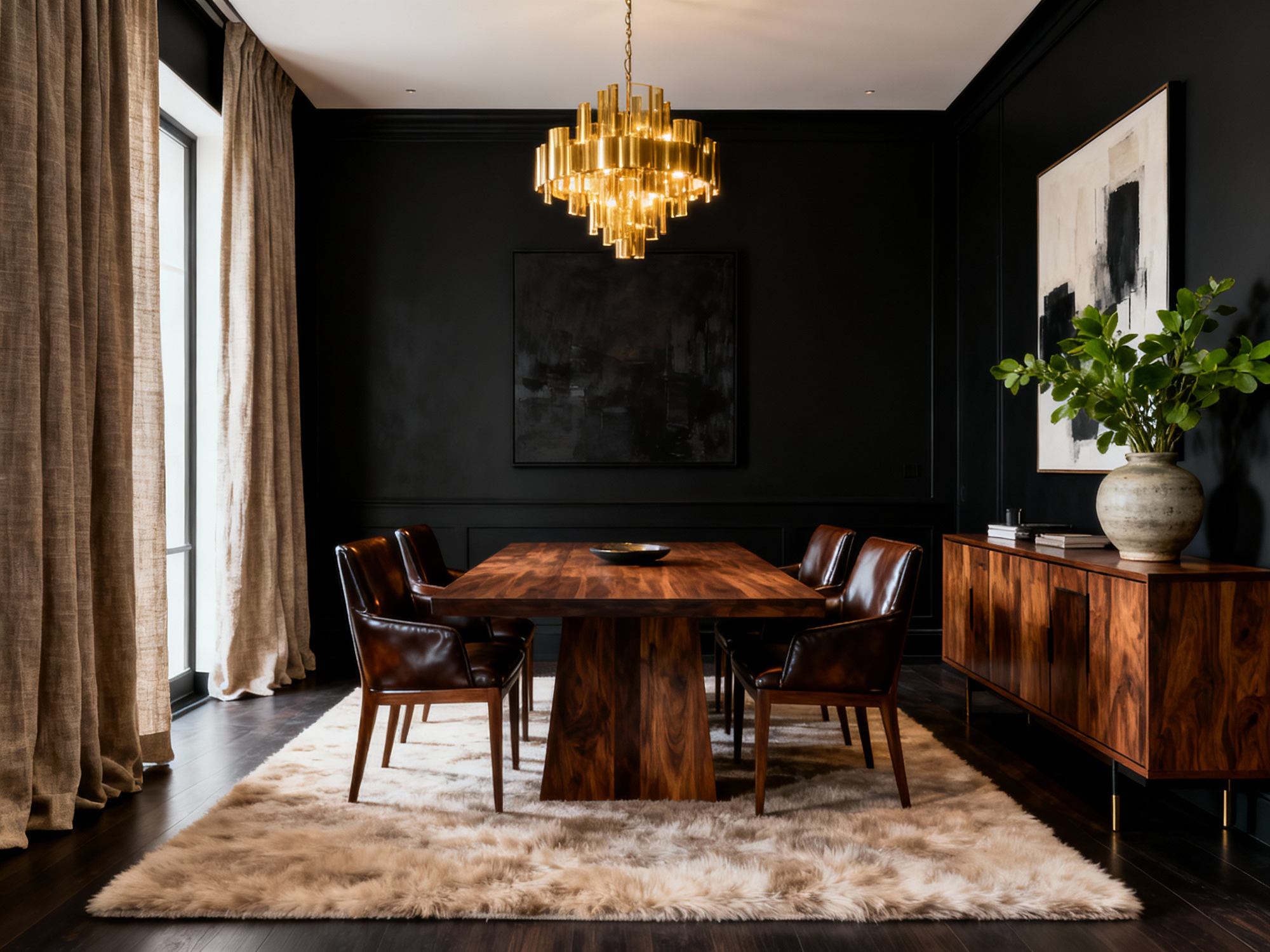 Dining room with wooden table, chairs, and a chandelier.