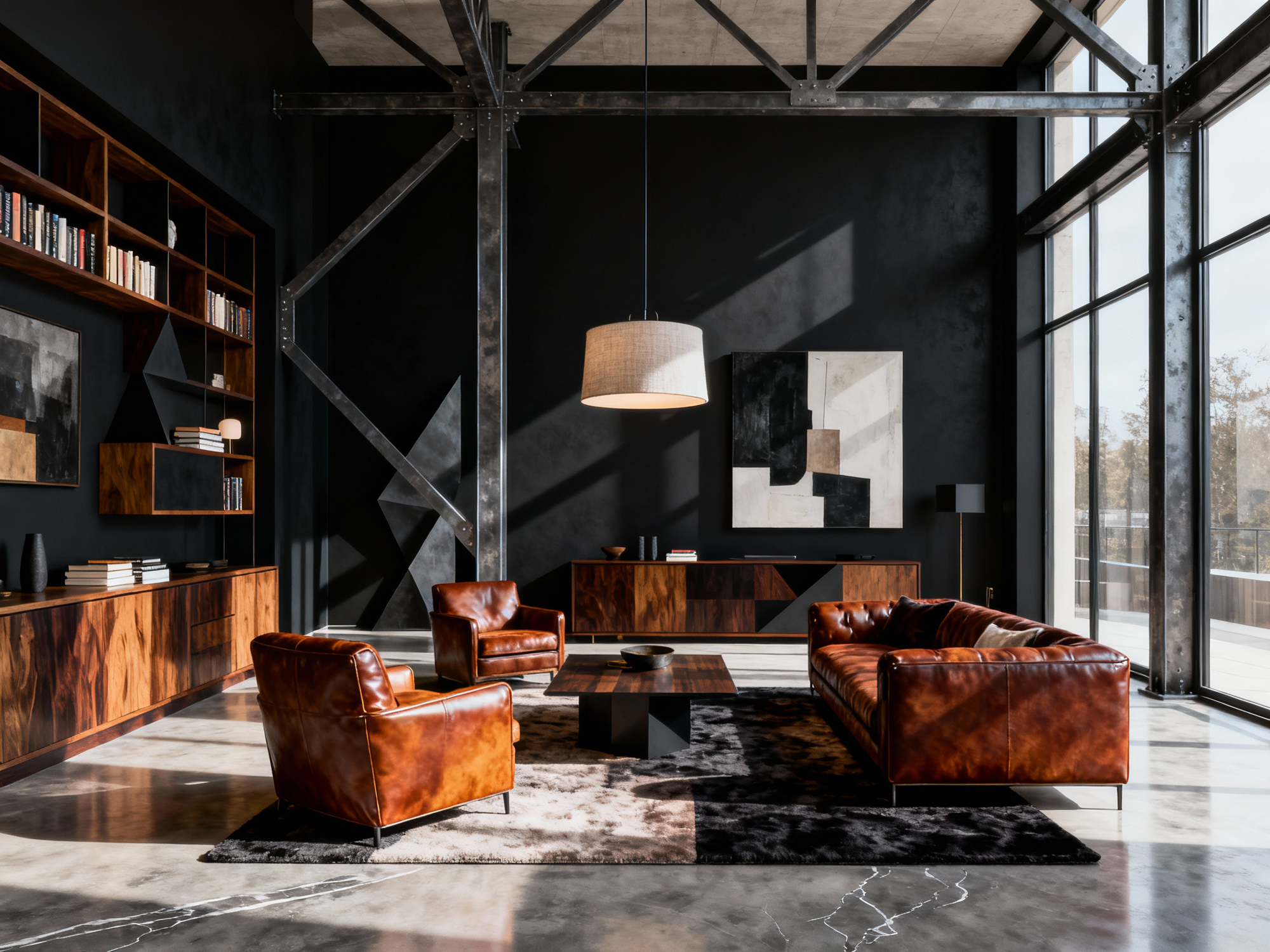Modern living room with leather furniture and geometric wall art