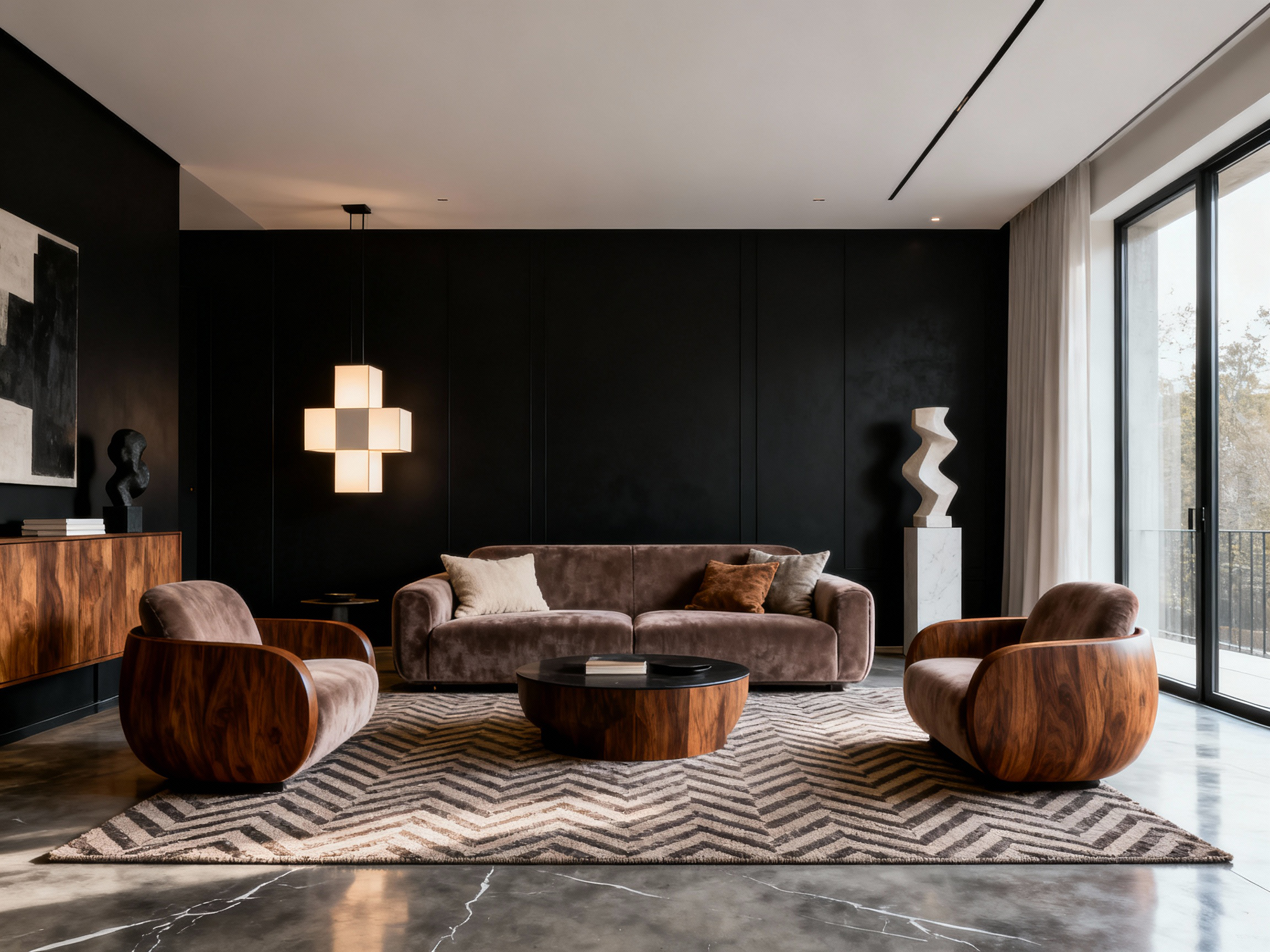 Modern living room with a gray sofa, wooden armchairs, and a black wall.