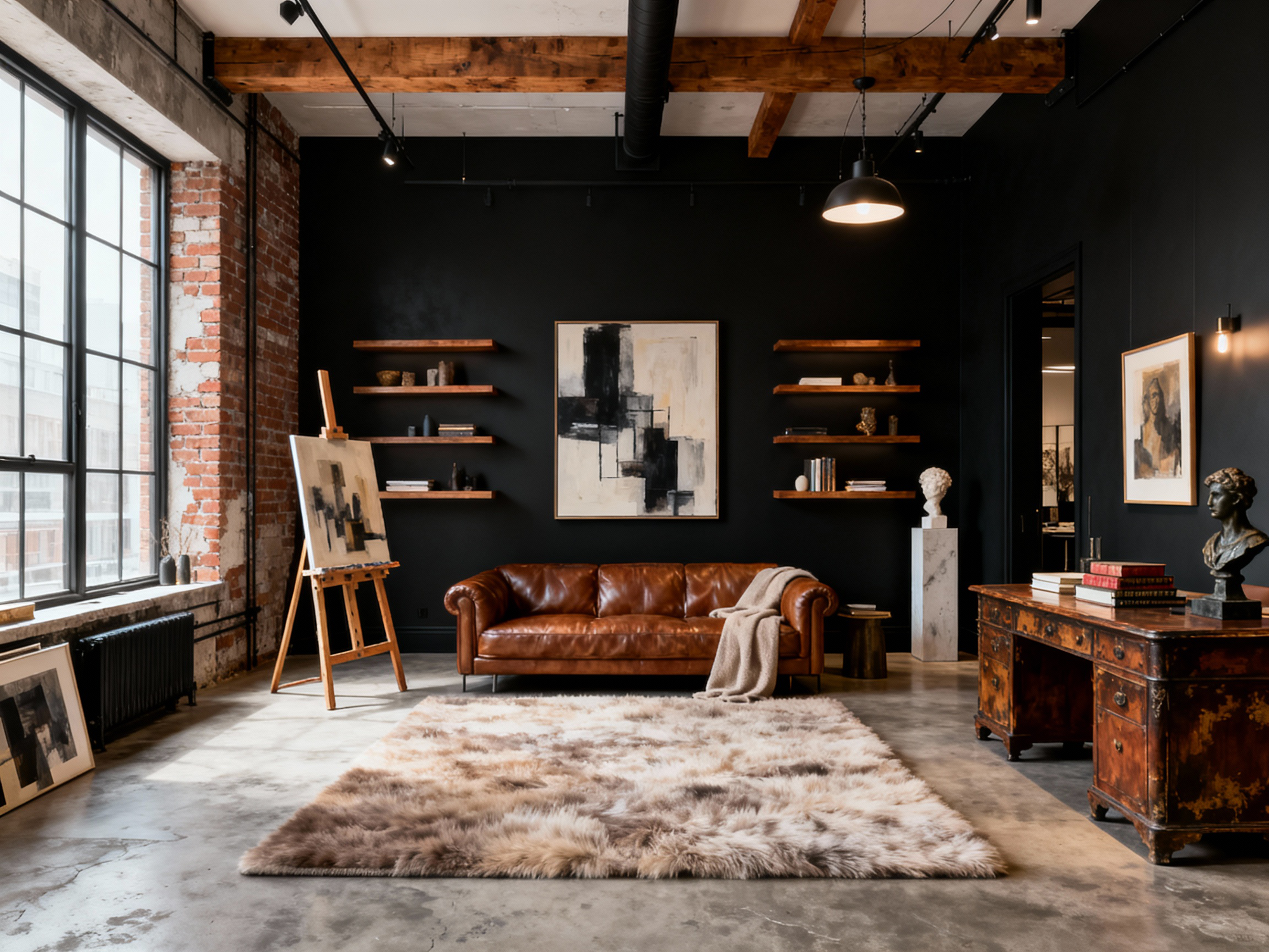 Modern living room with brown leather sofa, wooden desk, and abstract art on black walls.