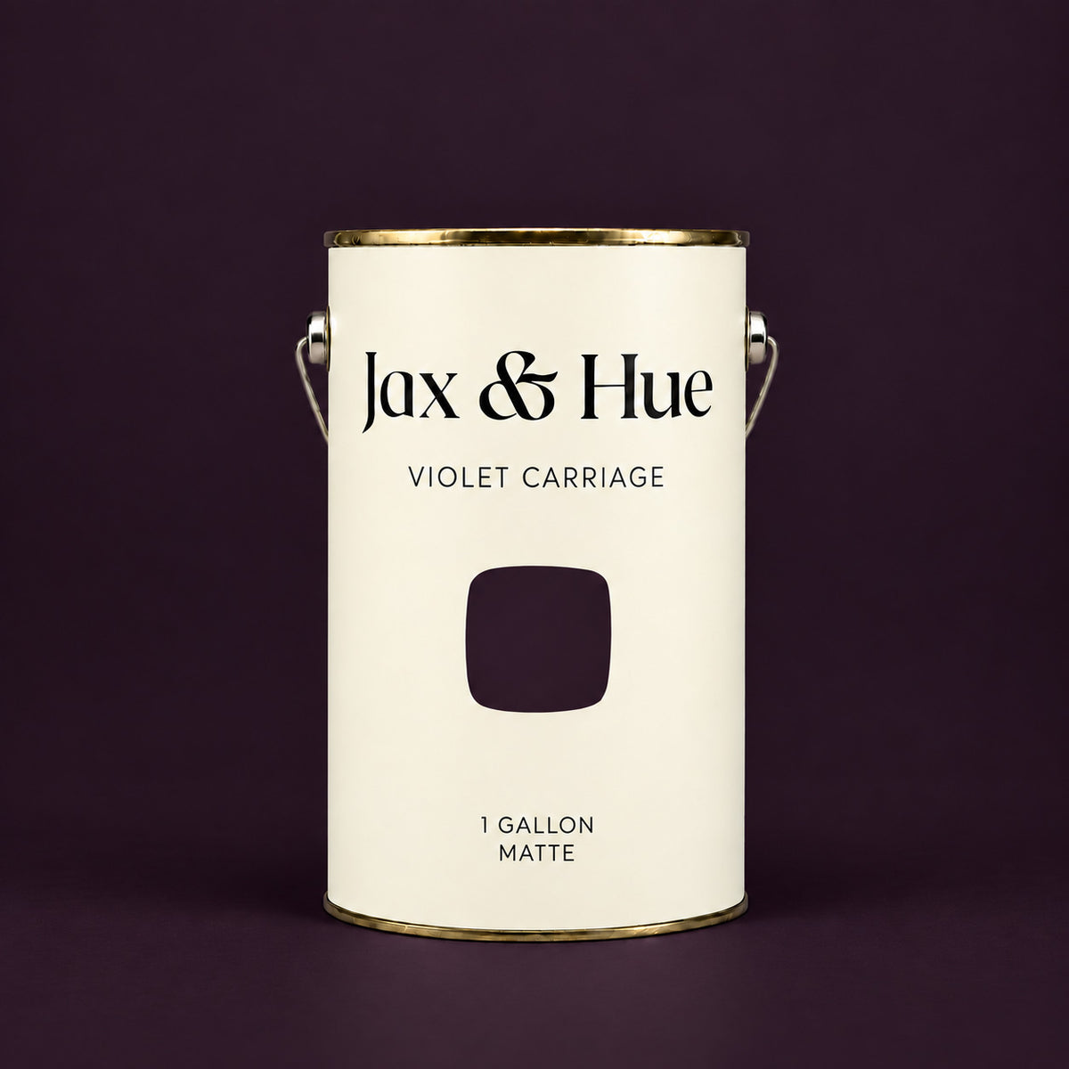 Jax & Hue Violet Carriage deep plum purple matte paint gallon on a matching dark plum background.