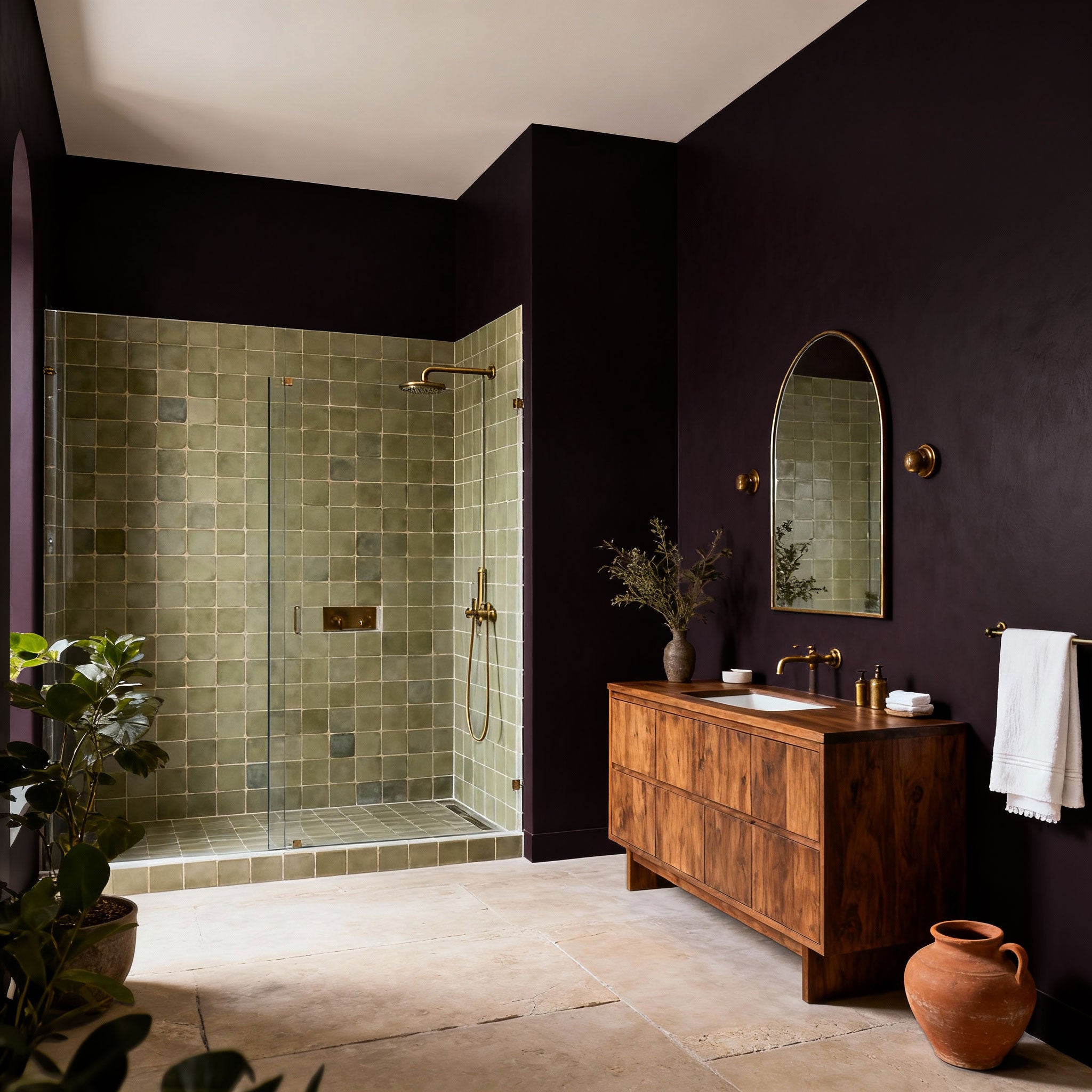 Modern bathroom with wooden vanity, mirror, and shower area.