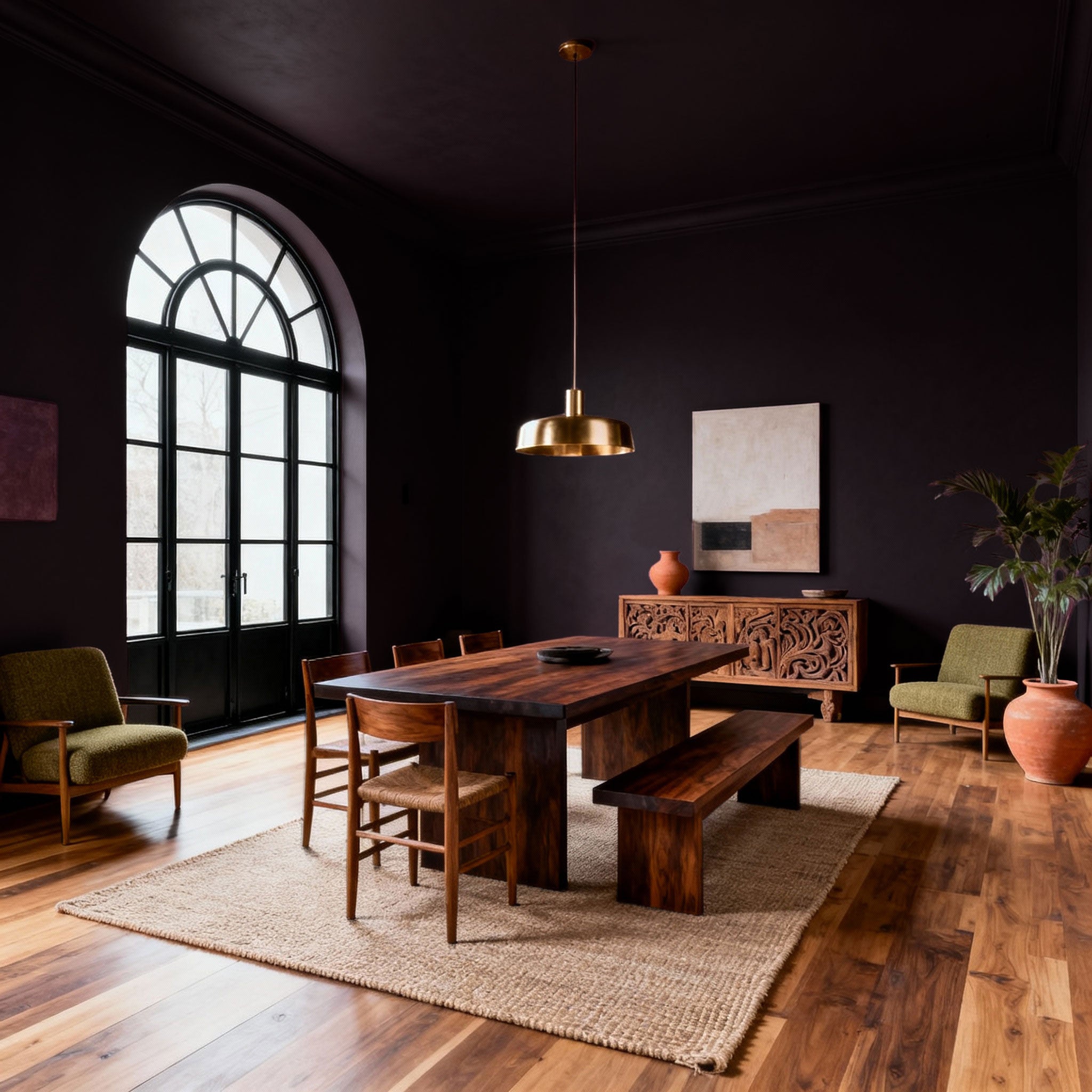 Dining room with wooden furniture and dark walls.