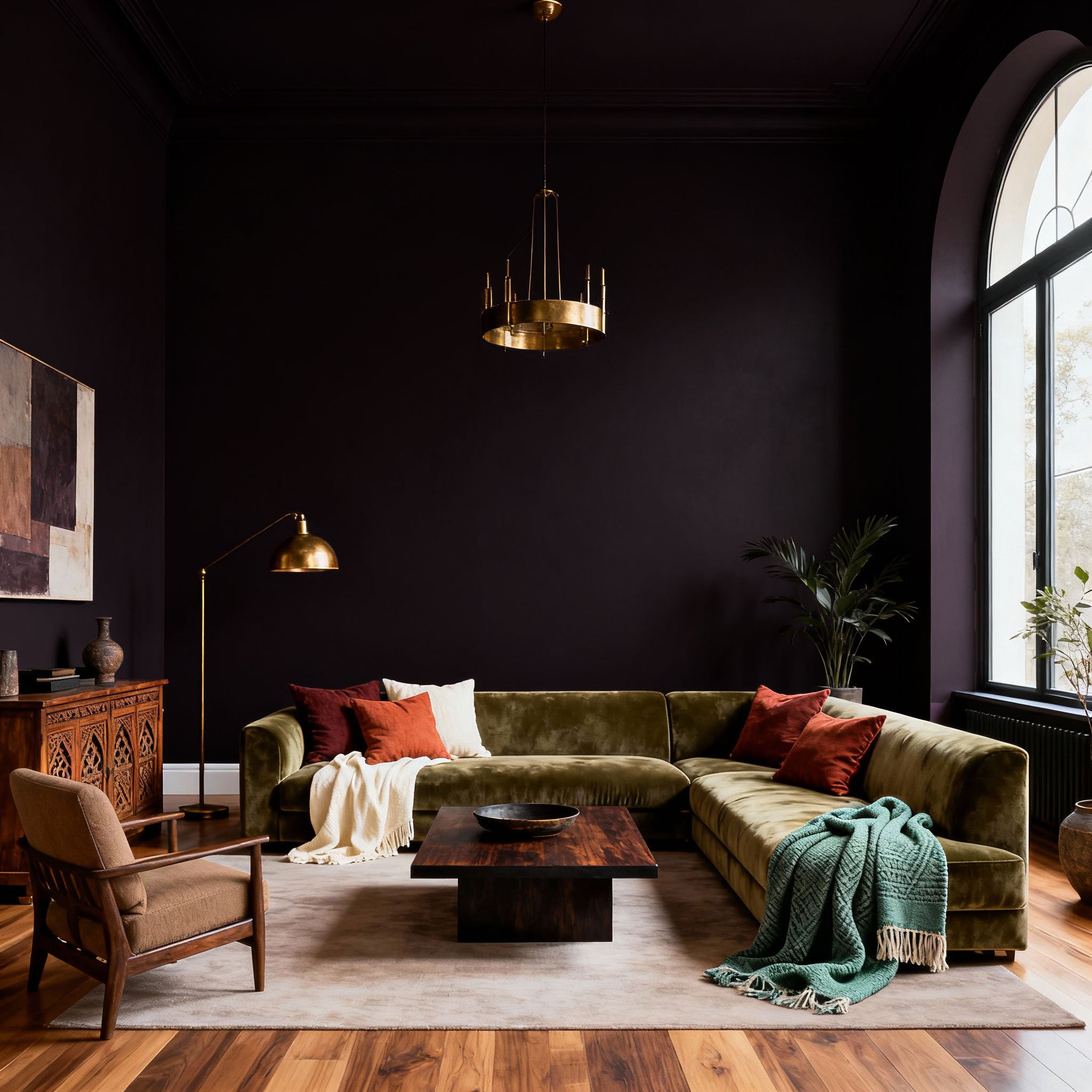Cozy living room with a green sofa, wooden coffee table, and dark walls.