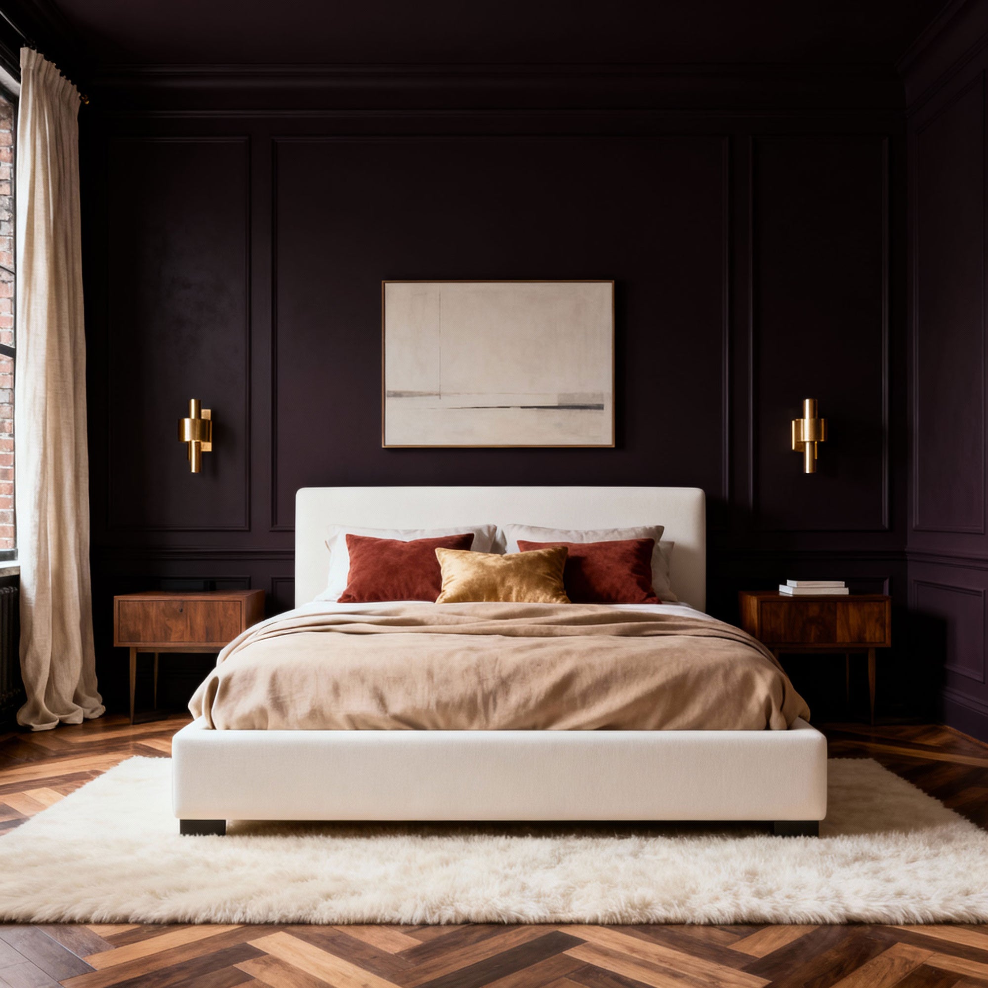 Modern bedroom with dark walls, a bed with pillows, and decorative elements.