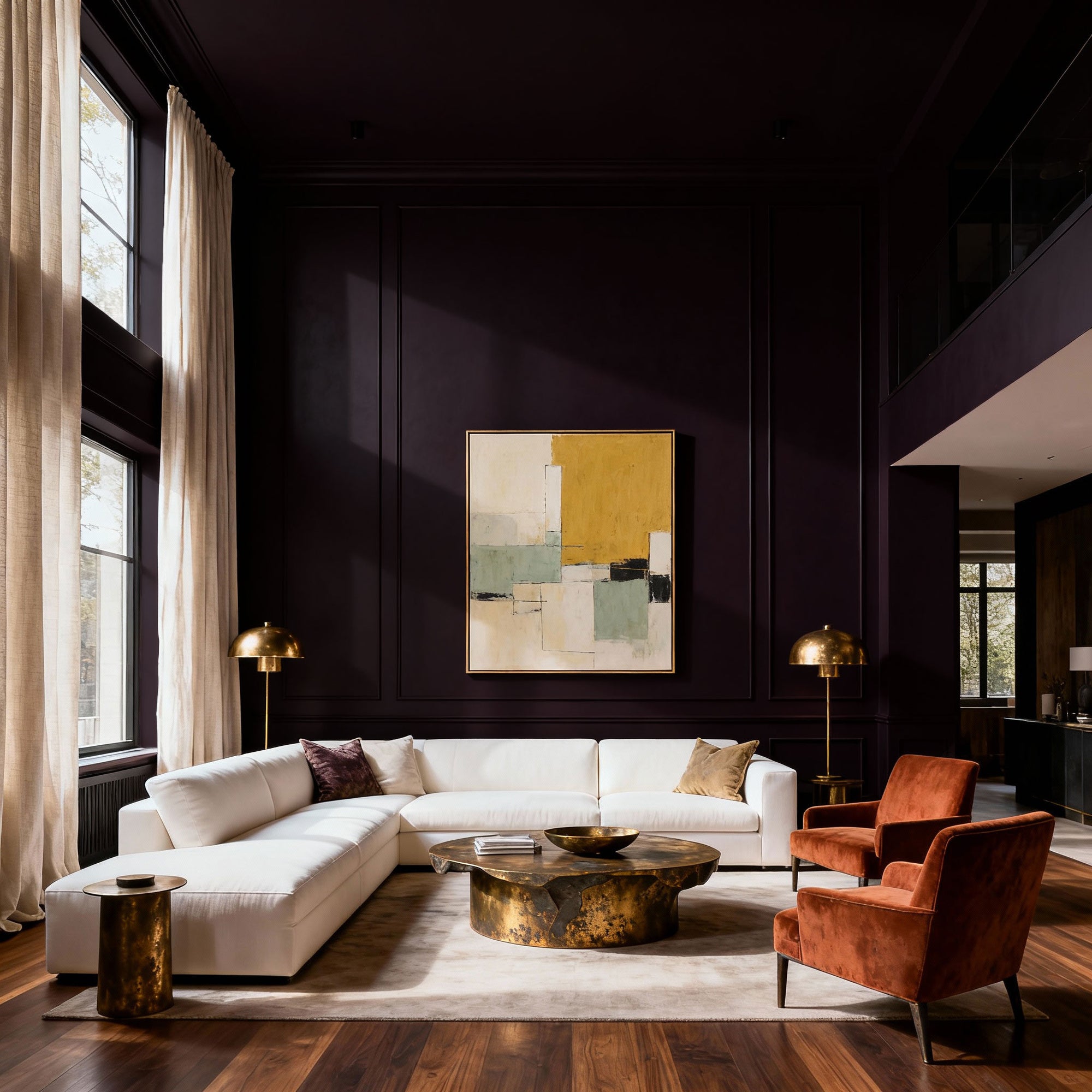 Modern living room with a white sofa, orange armchairs, and abstract art on a dark wall.