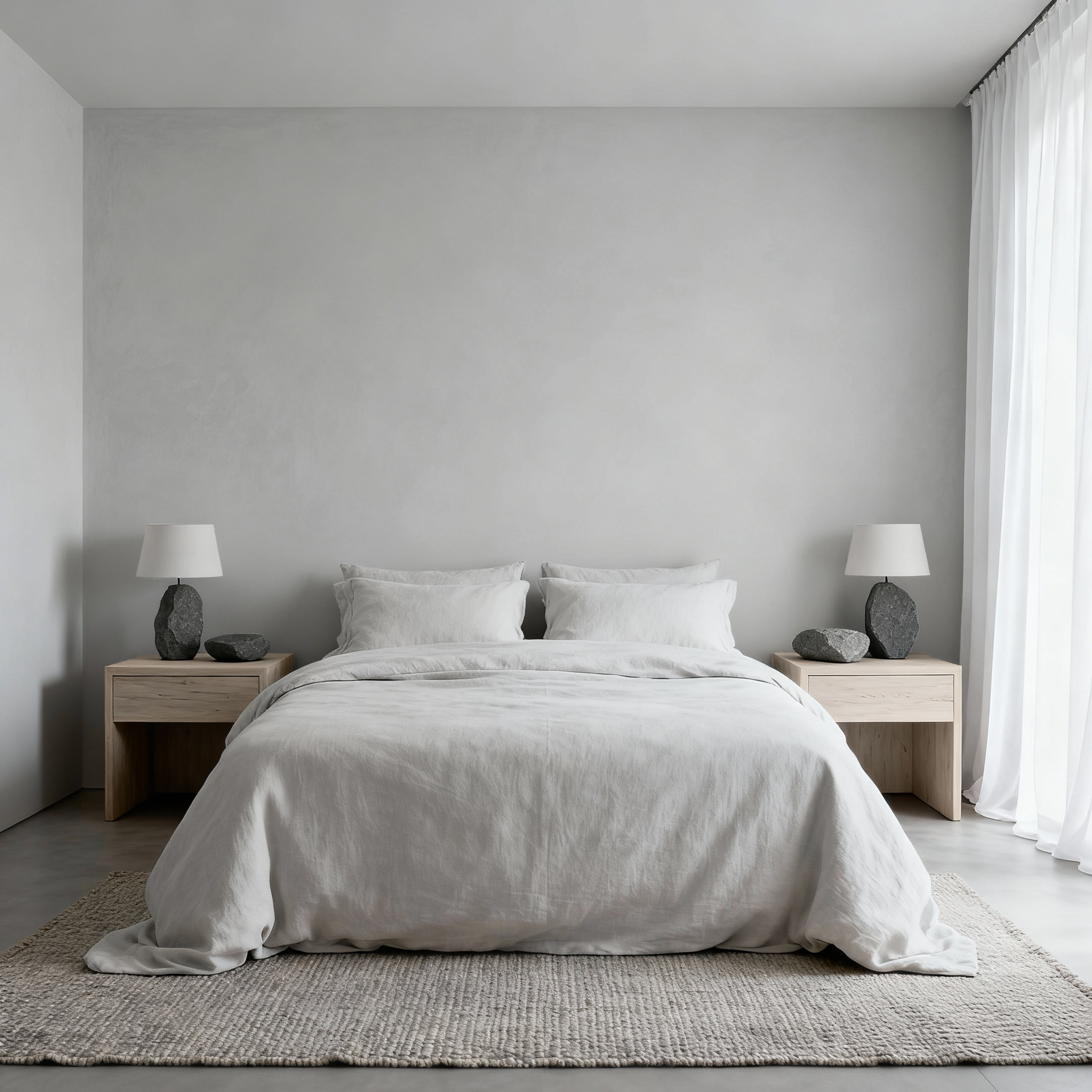 Minimalist bedroom with a bed, nightstands, and lamps against a gray wall.